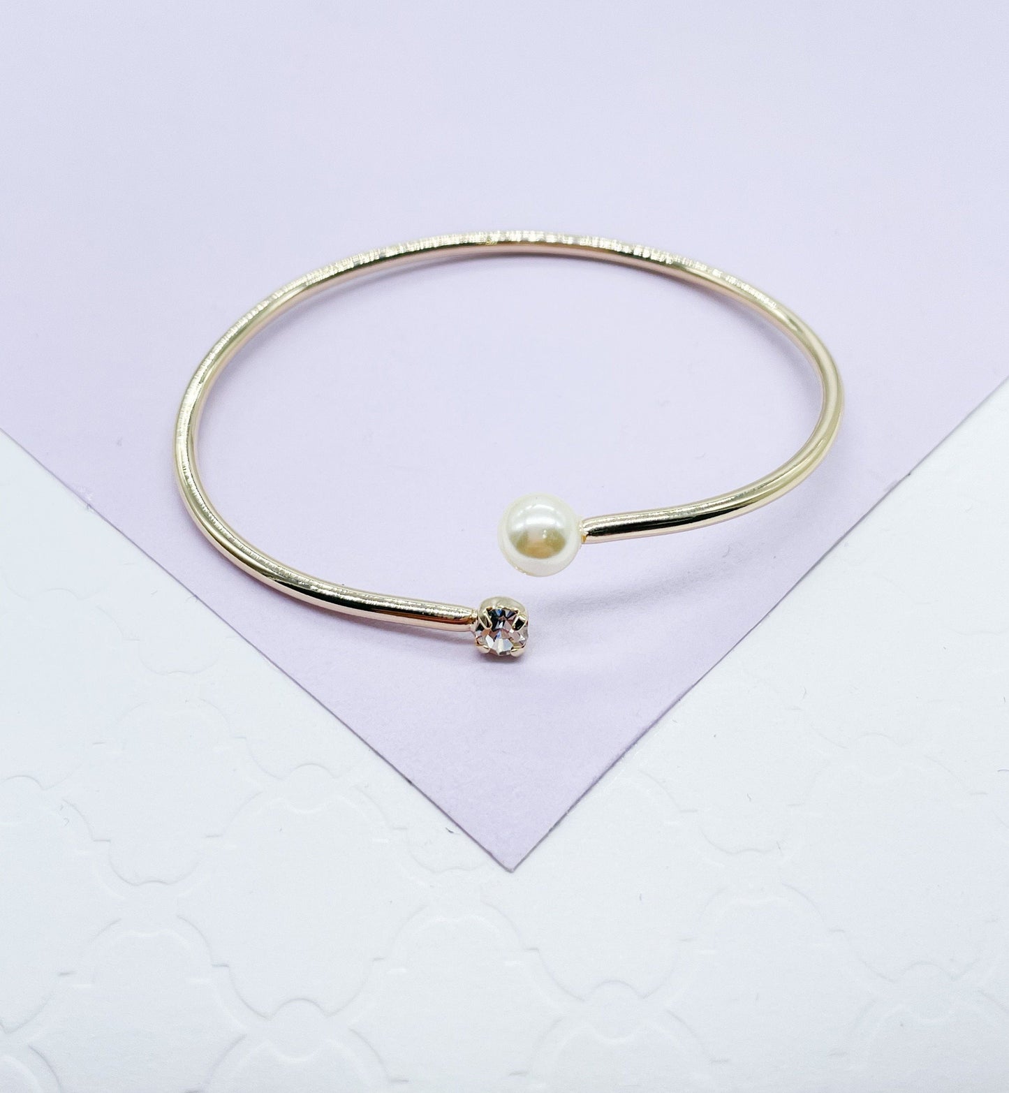 18k Gold Filled Dainty Cuff Bangle With Stone and Pearl Ends