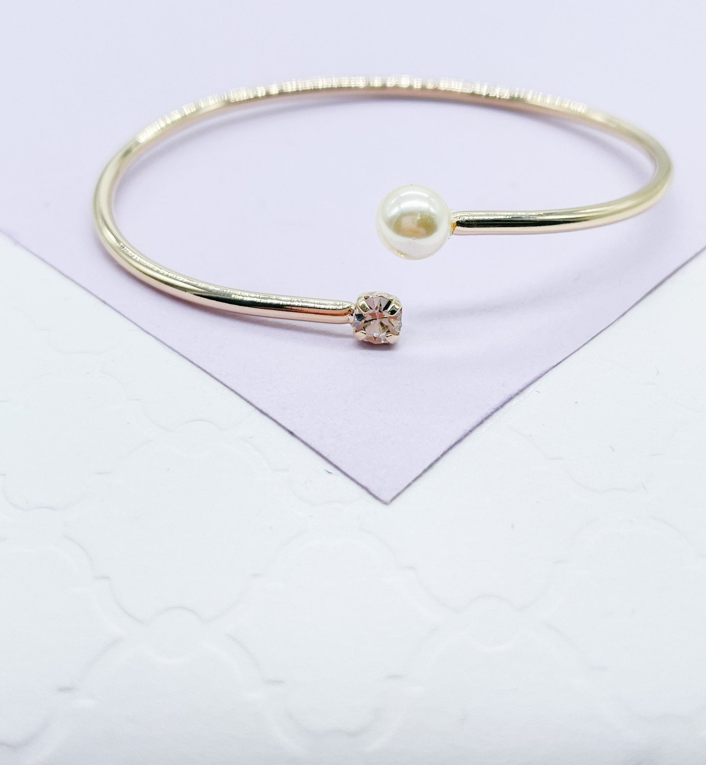 18k Gold Filled Dainty Cuff Bangle With Stone and Pearl Ends