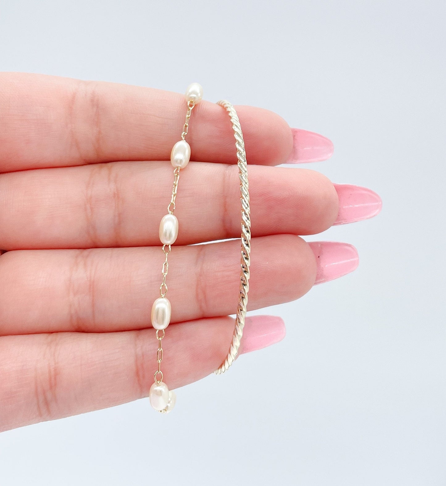 18k Gold Filled Double Bracelet with Cuff Bangle & Dainty pearl Satellite Bracelet