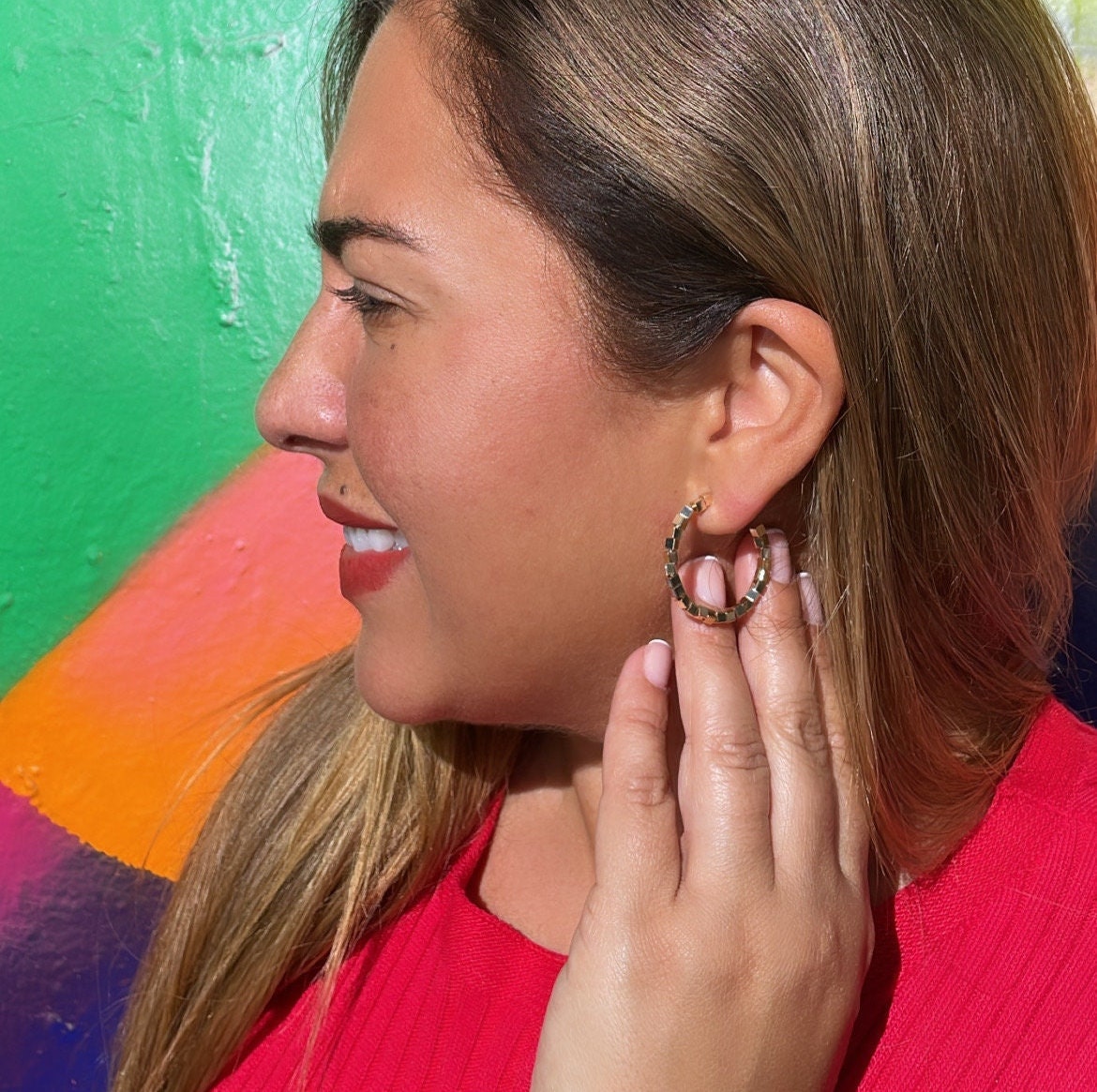 18k Gold Filled Open Hoop C-Shape Earring featuring flexible square cubes