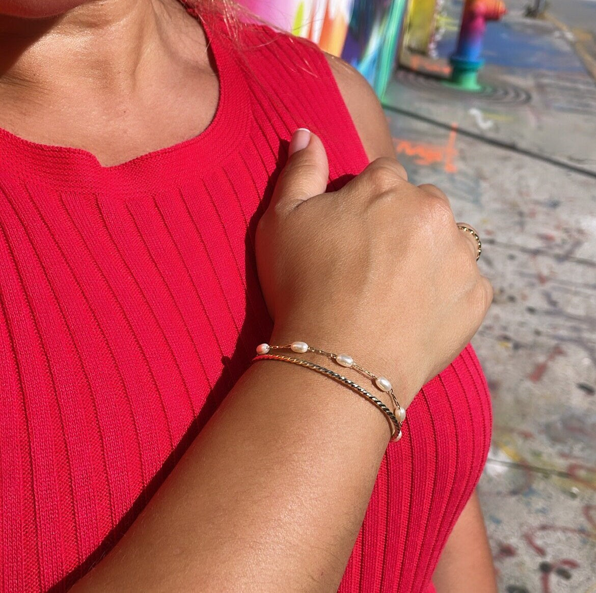 18k Gold Filled Double Bracelet with Cuff Bangle & Dainty pearl Satellite Bracelet