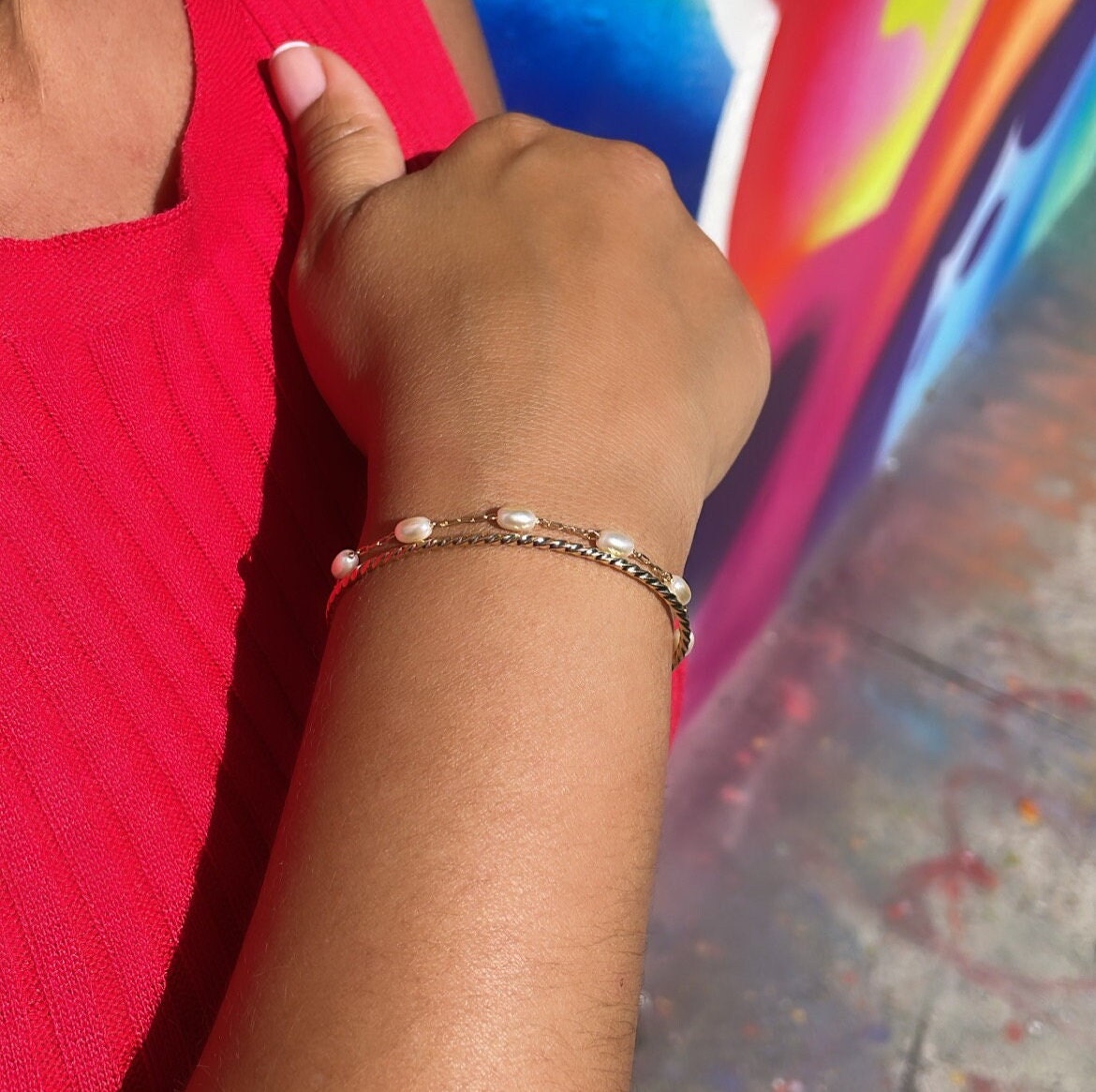 18k Gold Filled Double Bracelet with Cuff Bangle & Dainty pearl Satellite Bracelet