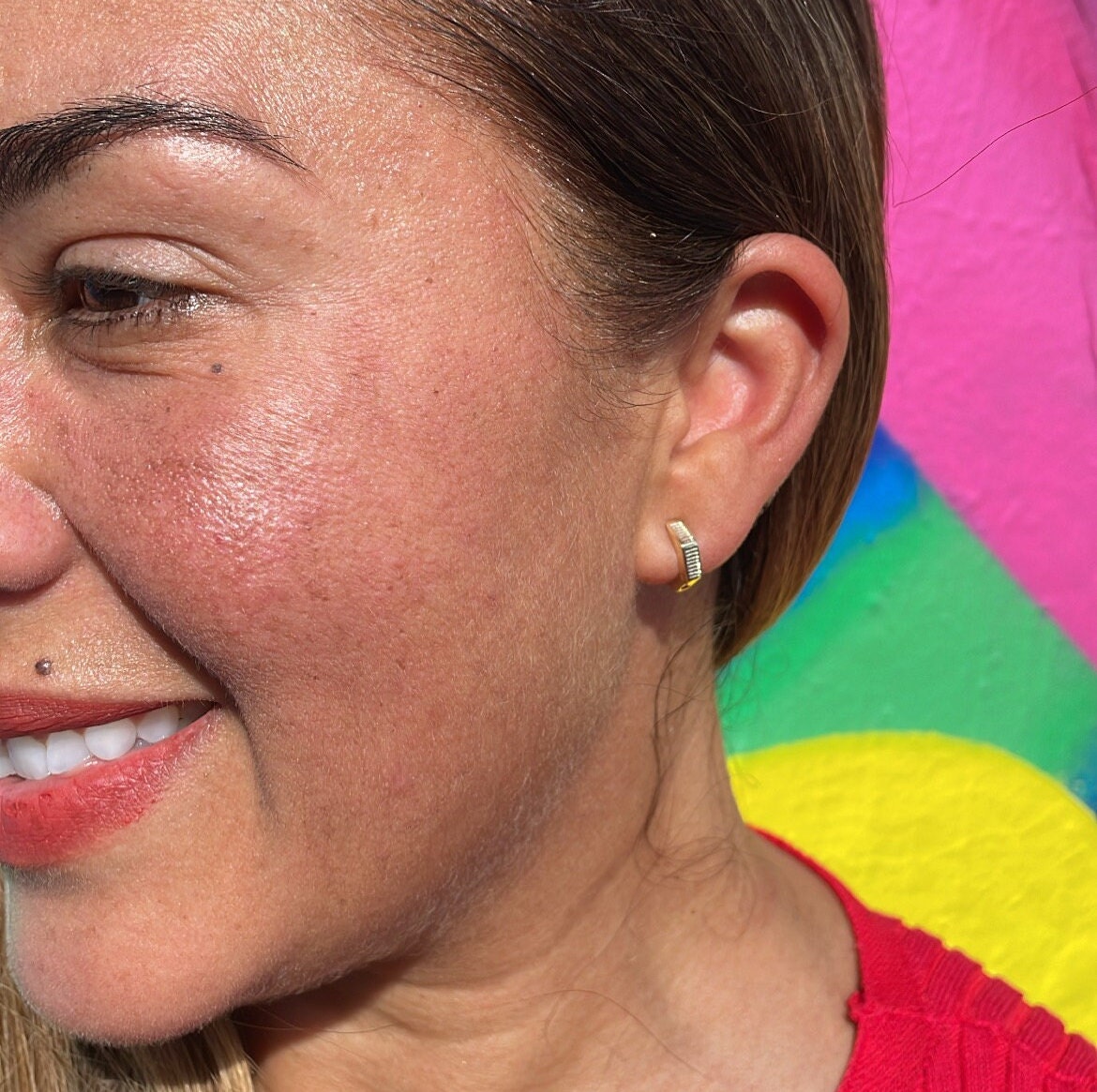 18k Gold Filled Smooth Hexagon Huggie Earring With Scored Lines