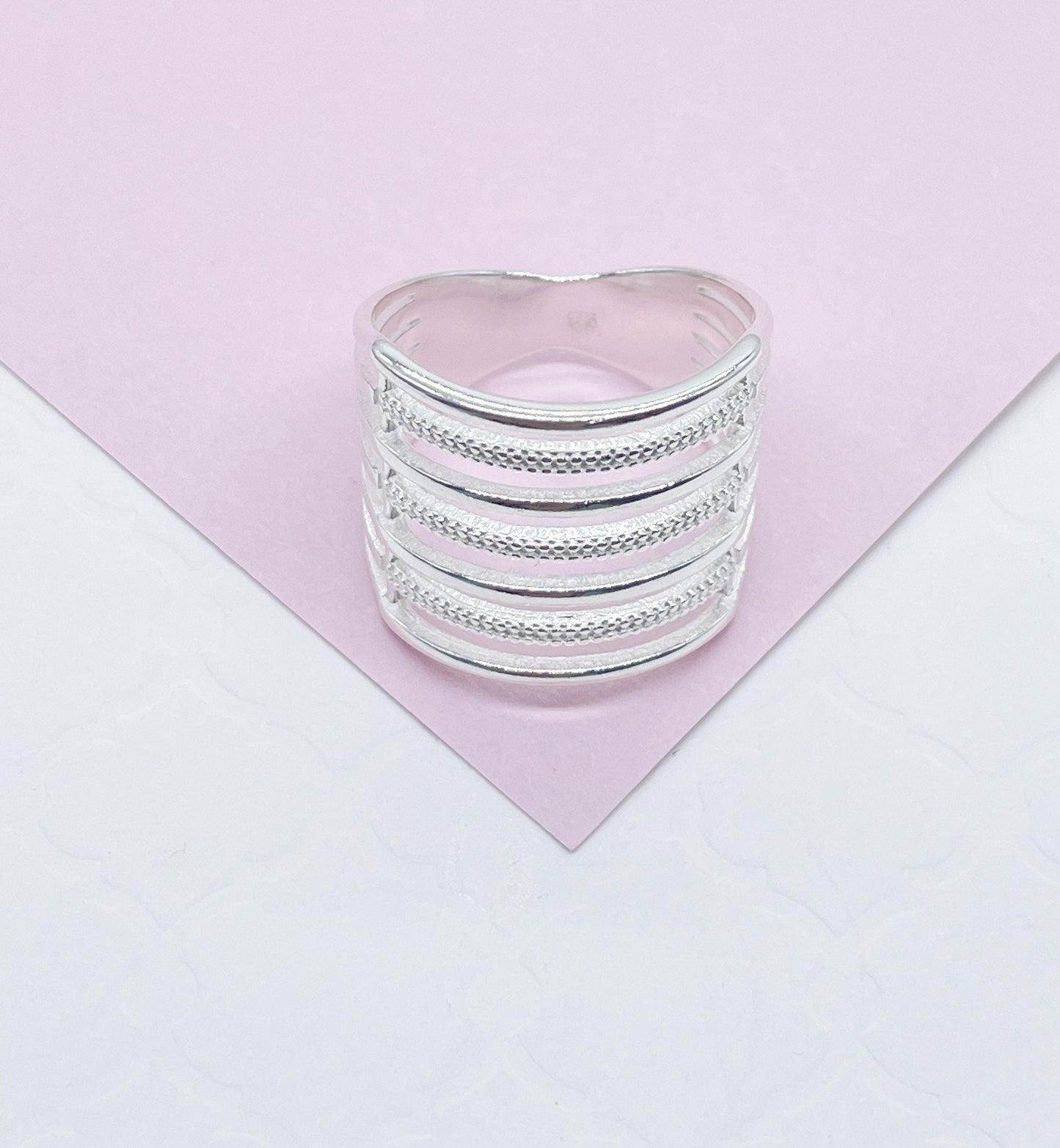 9.25 Sterling Silver textured and smooth Multi Rowed Ring
