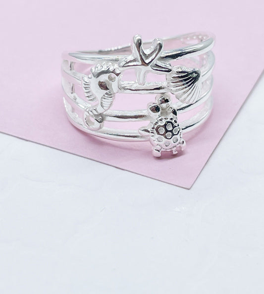 925 Sterling Silver Ocean Themed Ring With Stamped Seahorse, Turtle, Starfish & Sea shells