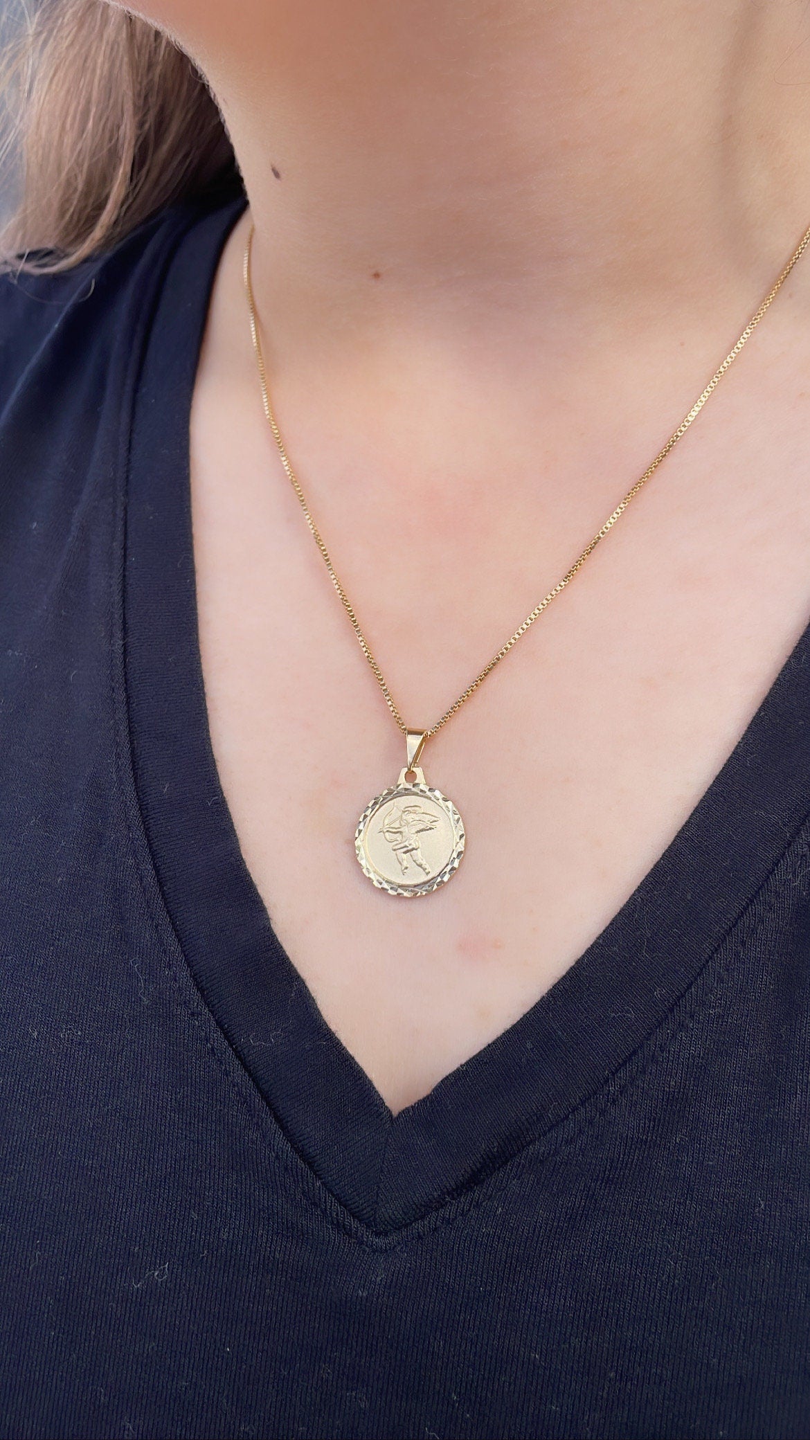 18k Gold Filled Medallion Charm Pendant With engraved Angel in Center