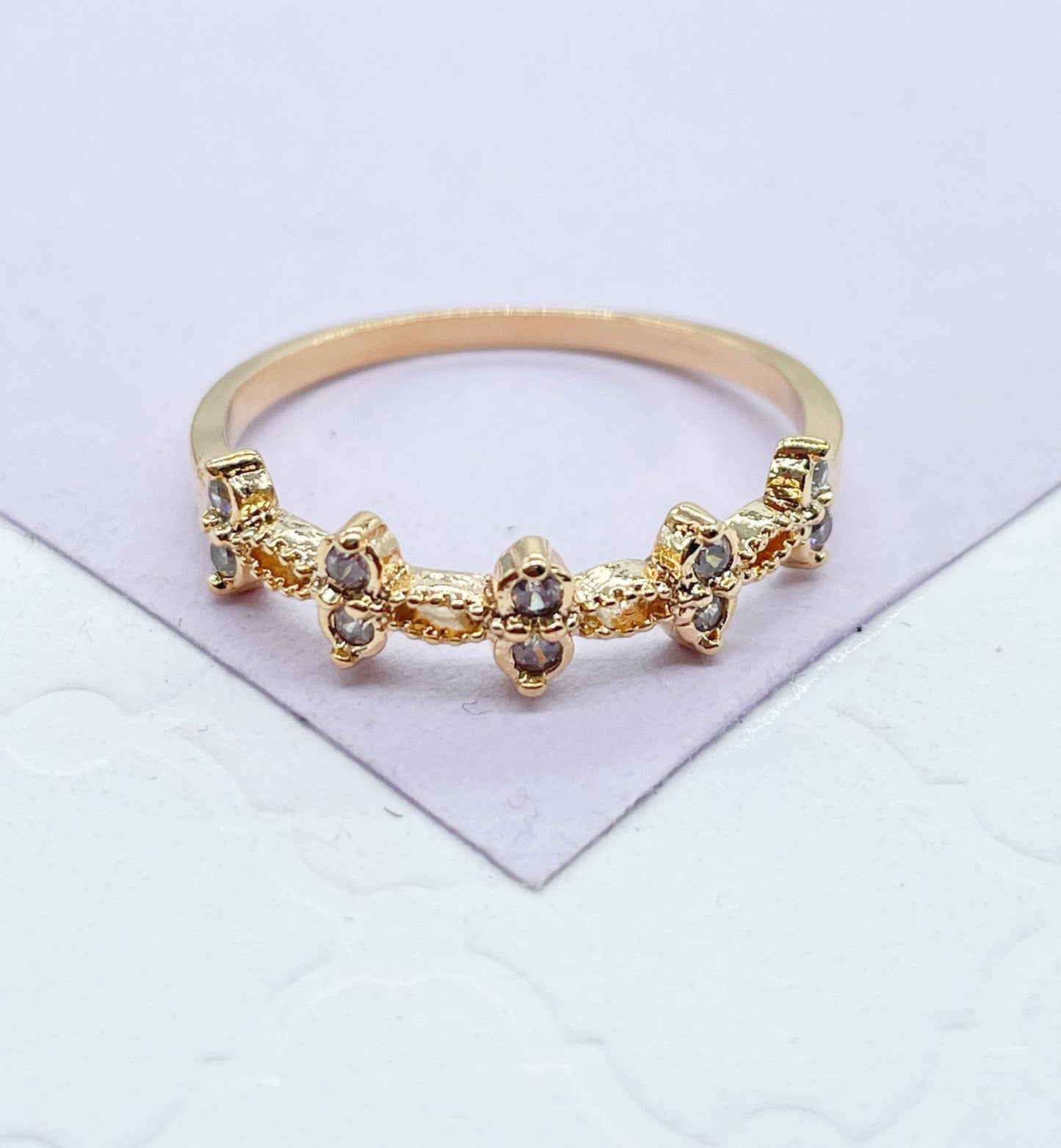 18k Gold Filled Dainty Ring with Pattern CZ Stones