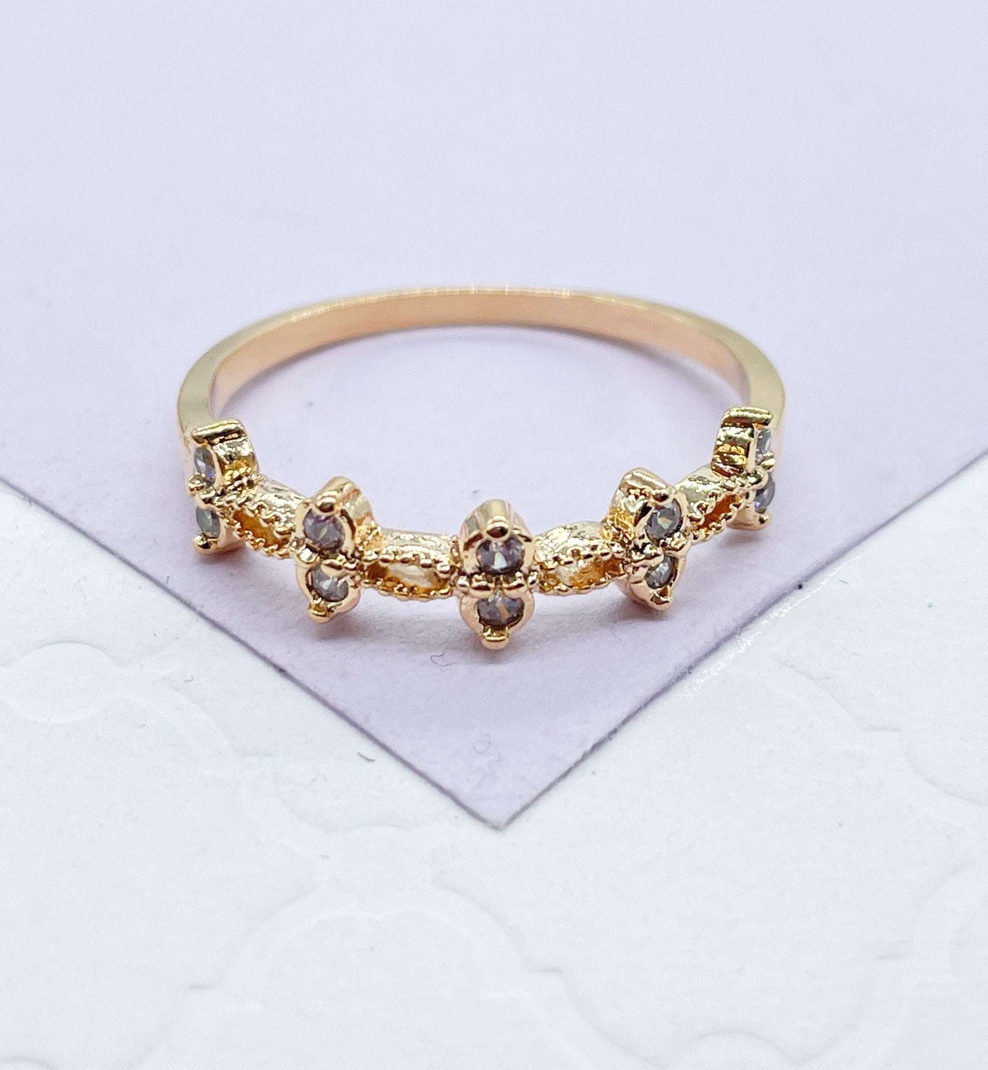 18k Gold Filled Dainty Ring with Pattern CZ Stones