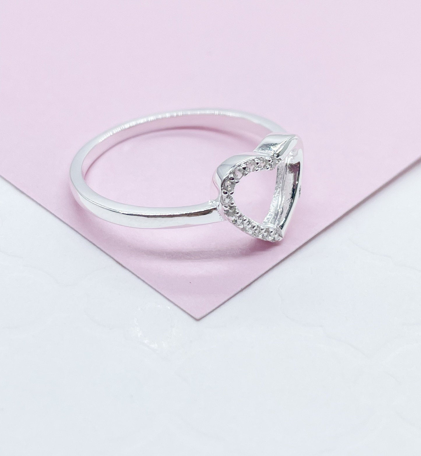 925 Sterling Silver Open Heart Ring With 1 Side of Pave Stones