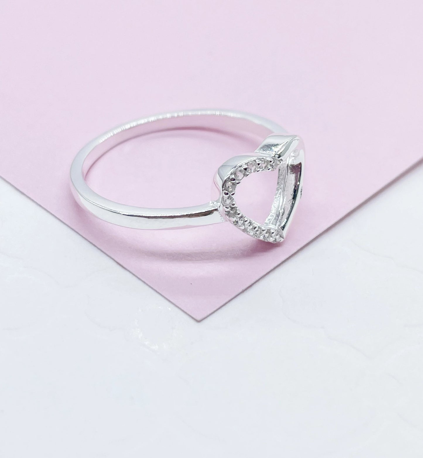 925 Sterling Silver Open Heart Ring With 1 Side of Pave Stones