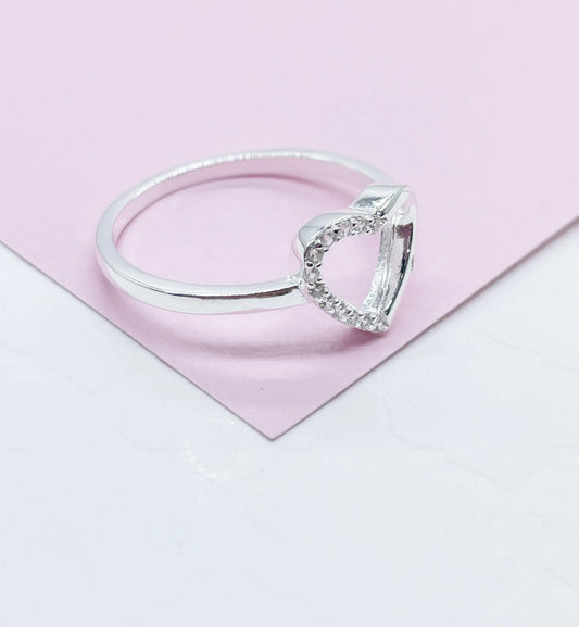 925 Sterling Silver Open Heart Ring With 1 Side of Pave Stones
