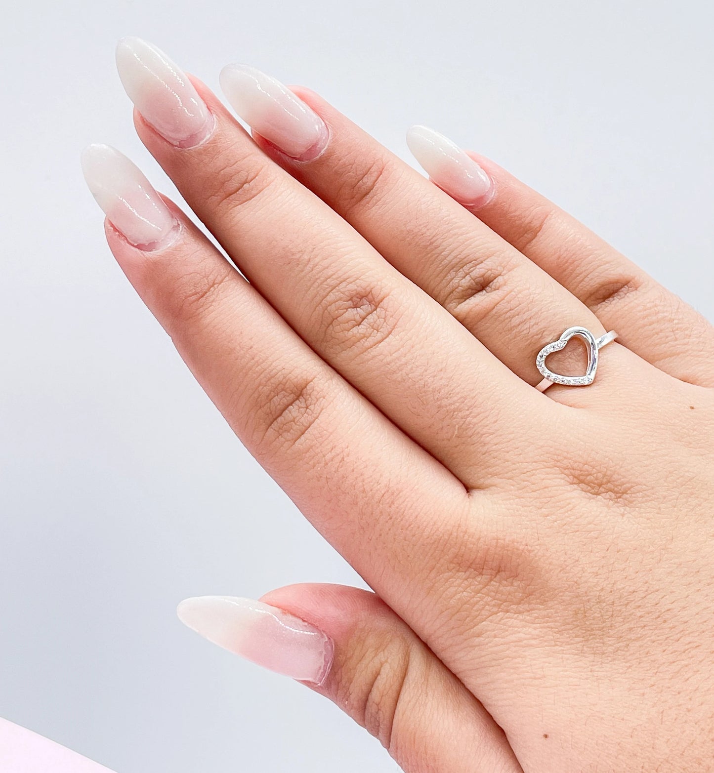 925 Sterling Silver Open Heart Ring With 1 Side of Pave Stones