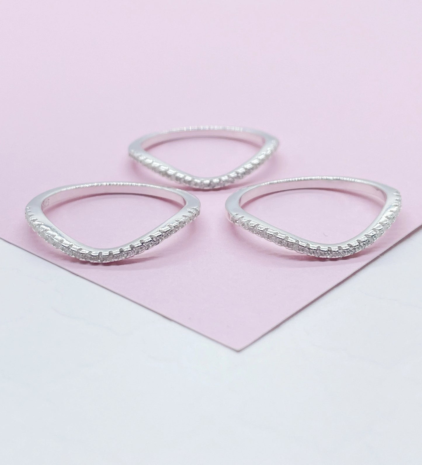 925 Sterling Silver 3 Set of Wavy Micro Pave Rings
