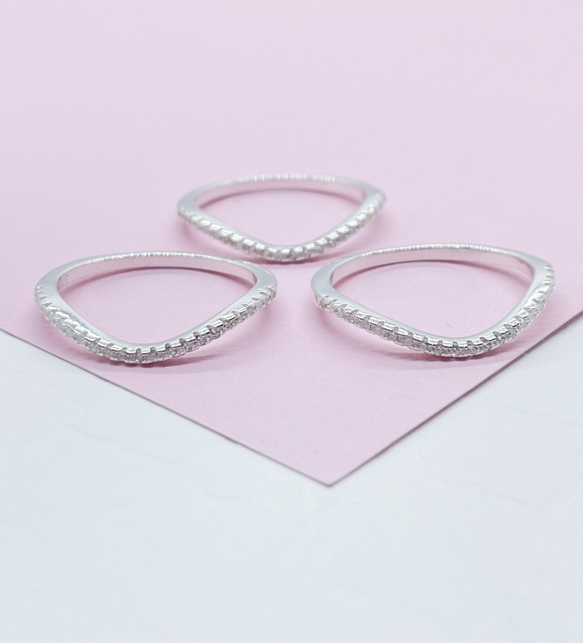 925 Sterling Silver 3 Wavy Micro Pave Rings