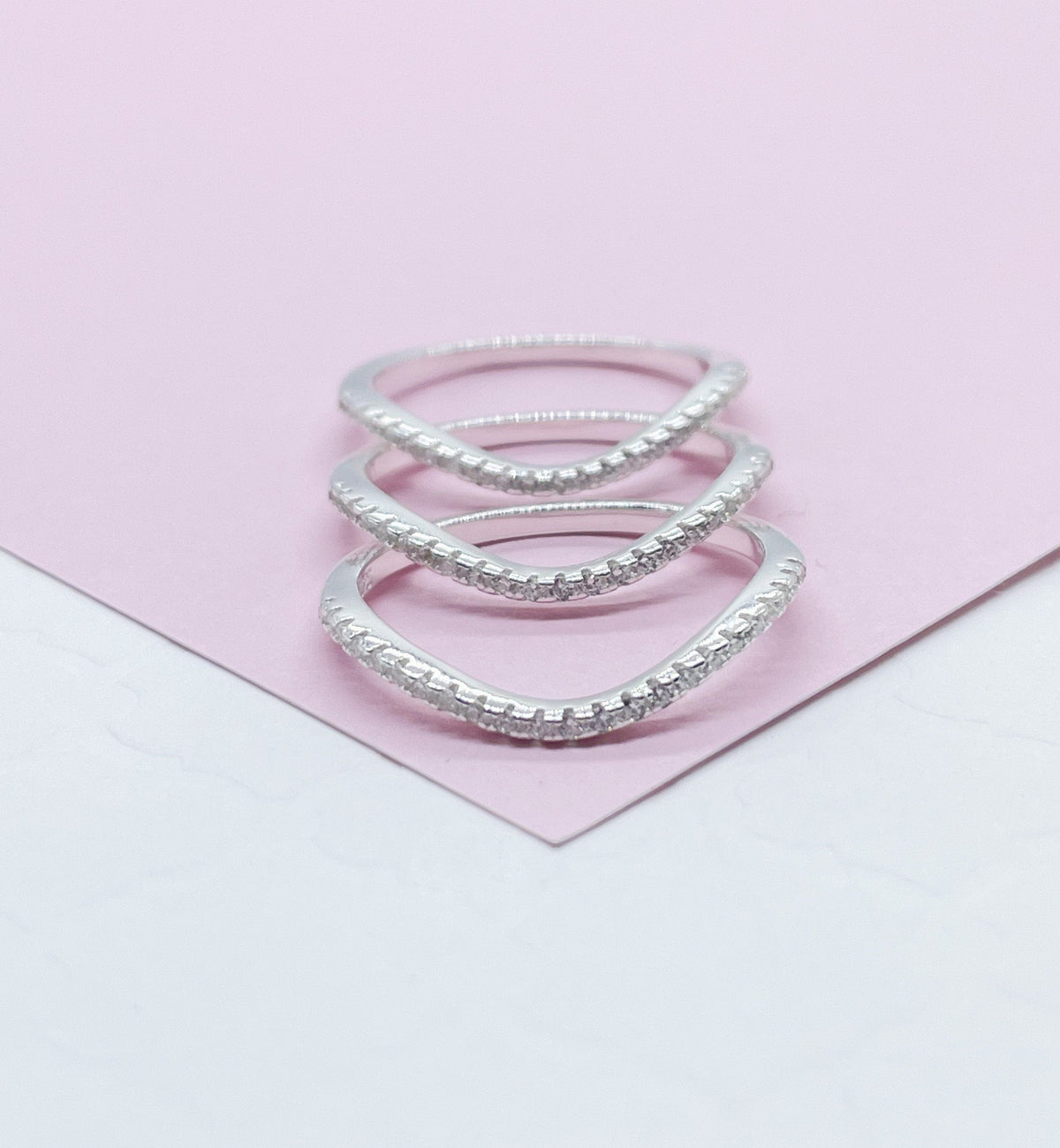 925 Sterling Silver 3 Wavy Micro Pave Rings
