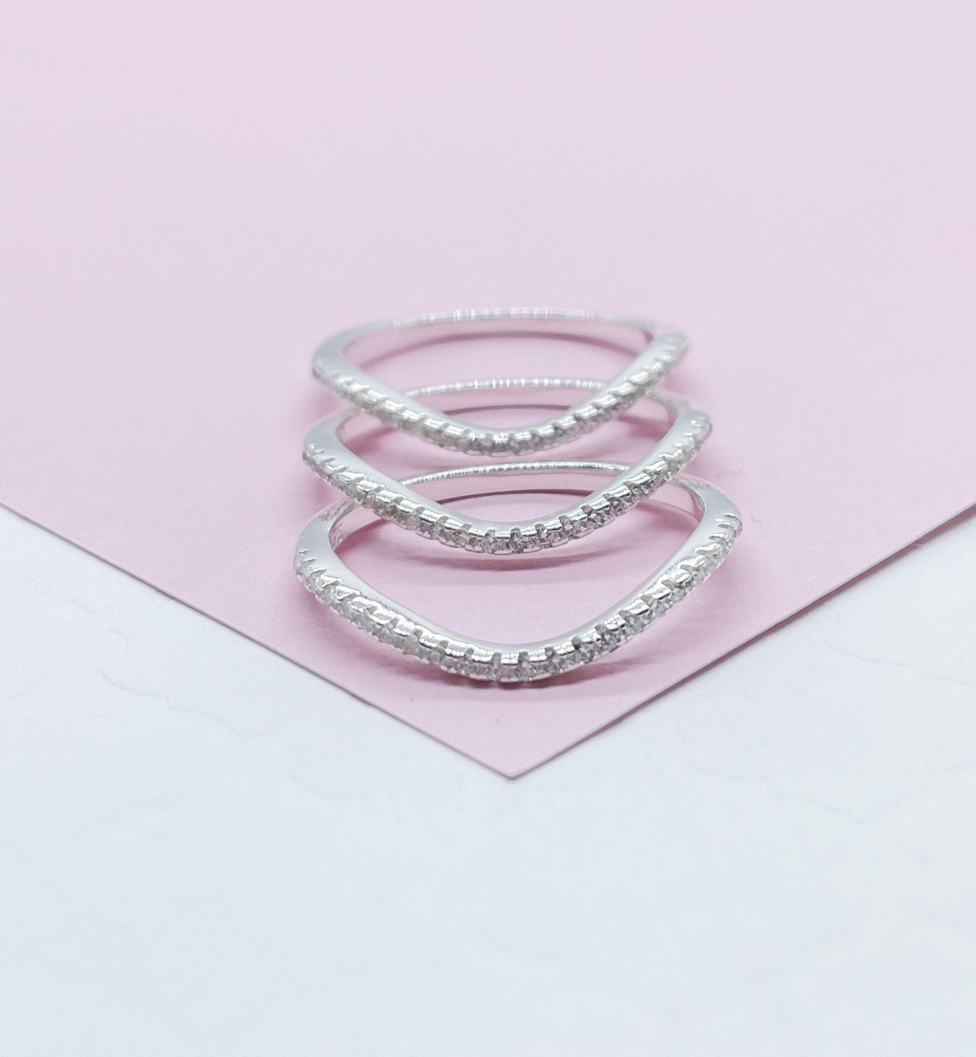 925 Sterling Silver 3 Wavy Micro Pave Rings