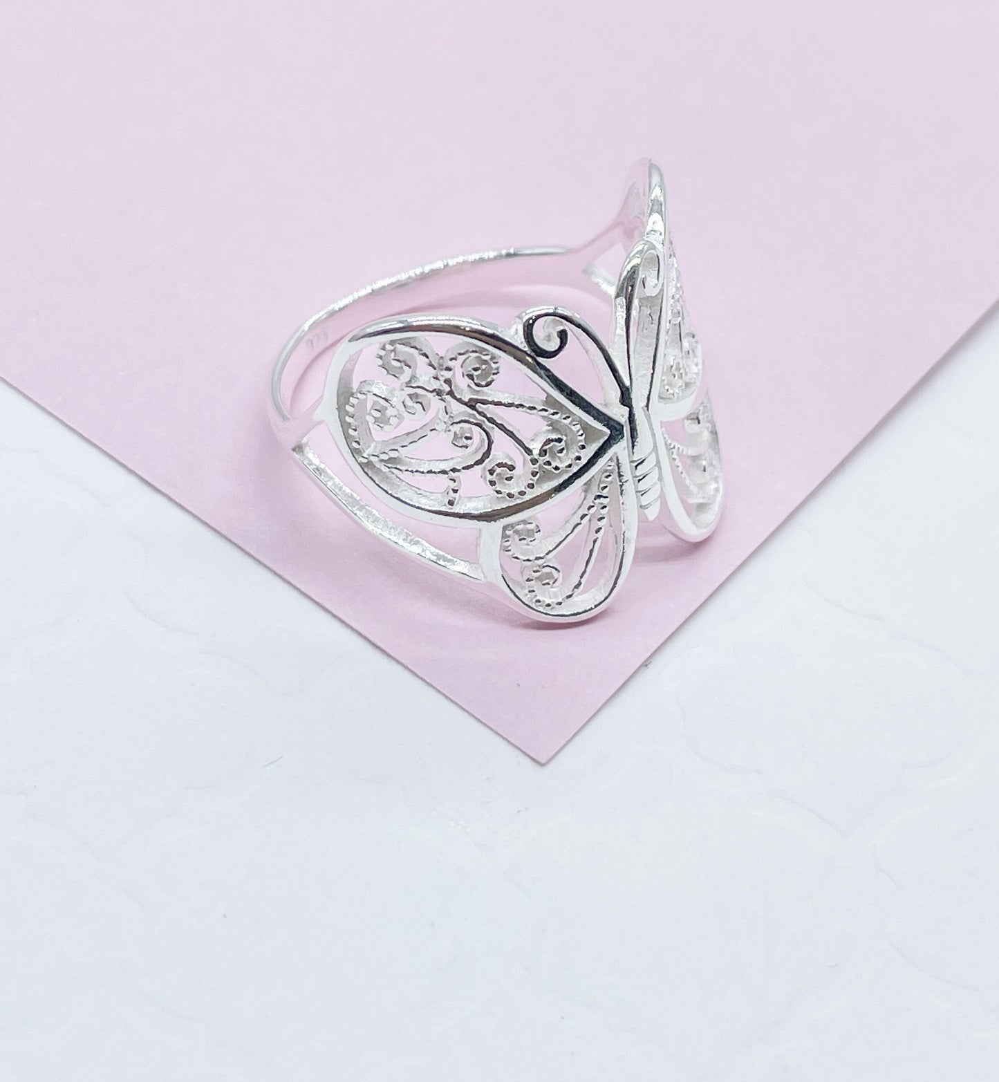 925 Sterling Silver Large Engraved Butterfly Ring