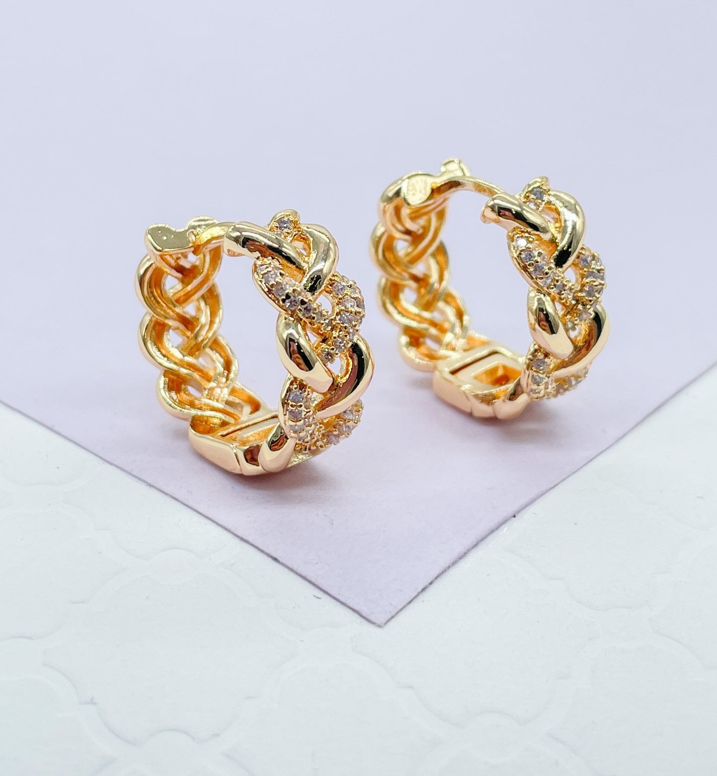 18k Gold Filled Pave Beaded Huggie Earrings