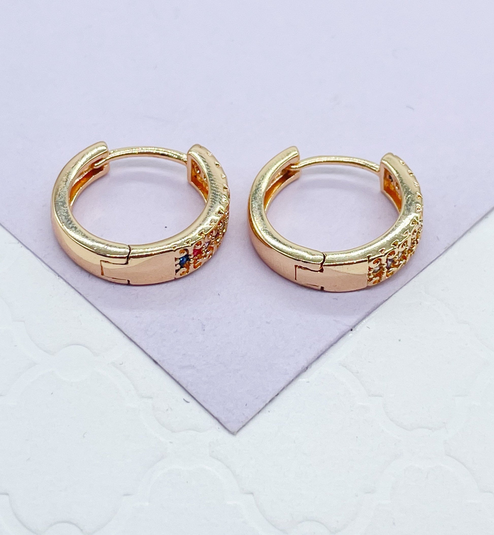 18k Gold Filled Colorful Single Row Pave Huggie Hoop Earrings