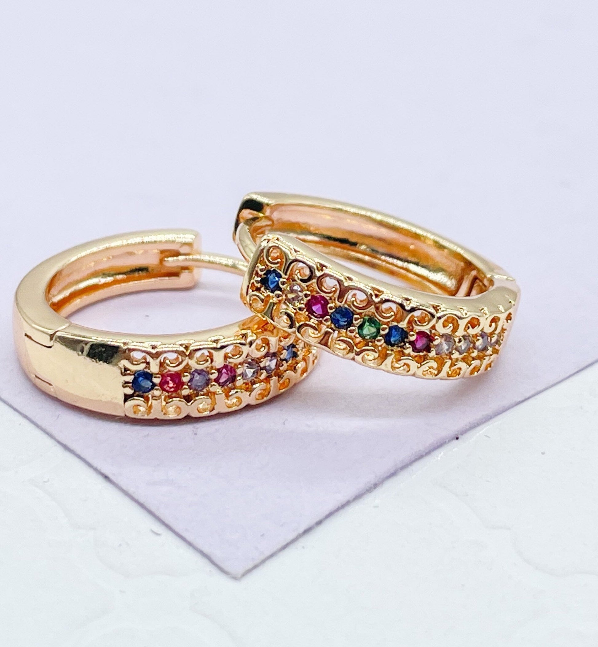 18k Gold Filled Colorful Single Row Pave Huggie Hoop Earrings