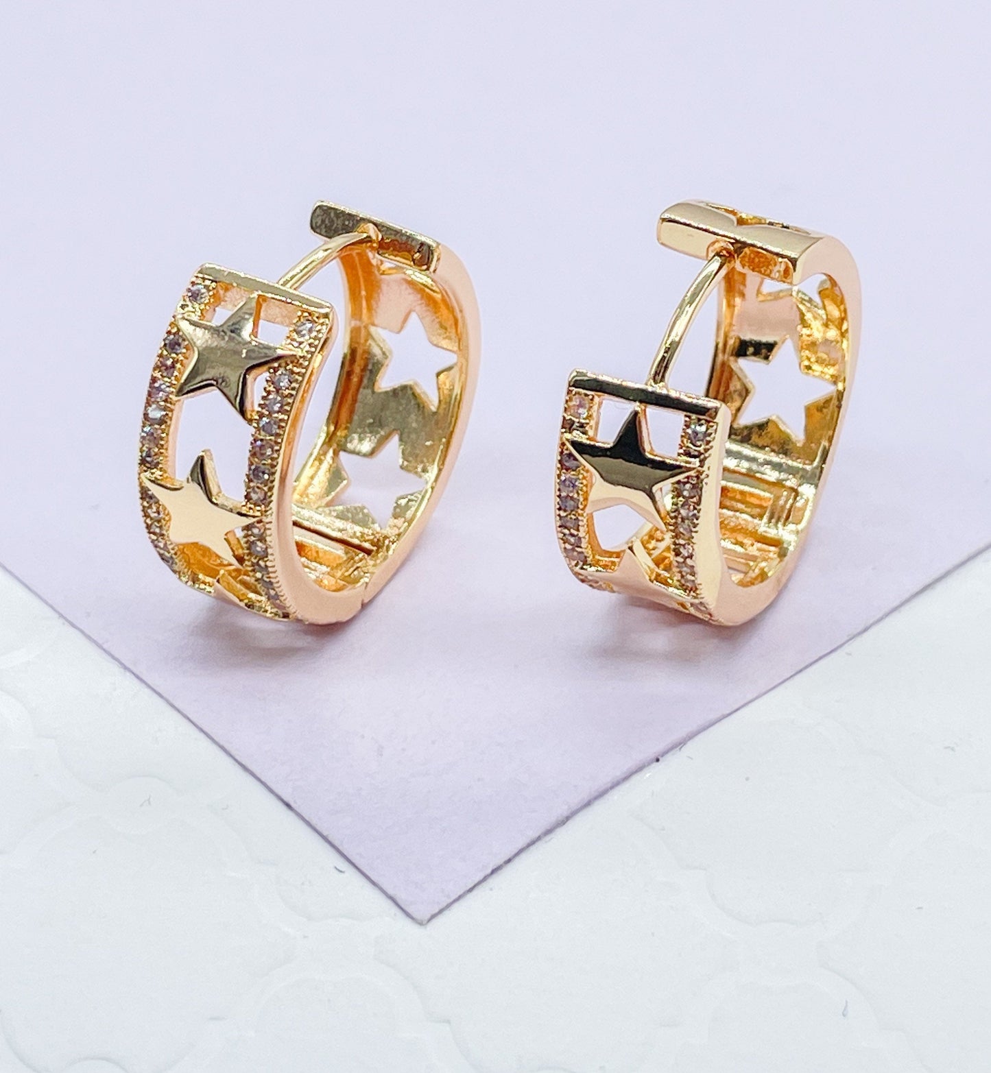 18k Gold Filled Plain Star Huggie With Rows of CZ Stones