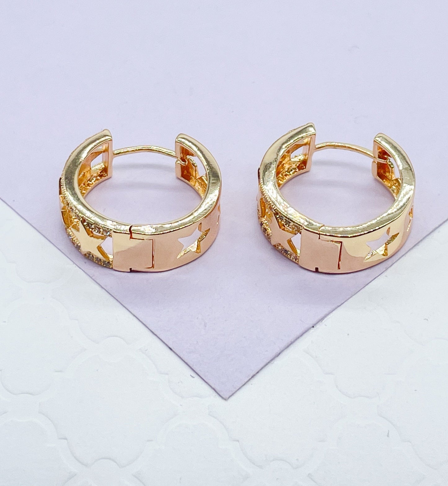 18k Gold Filled Plain Star Huggie With Rows of CZ Stones