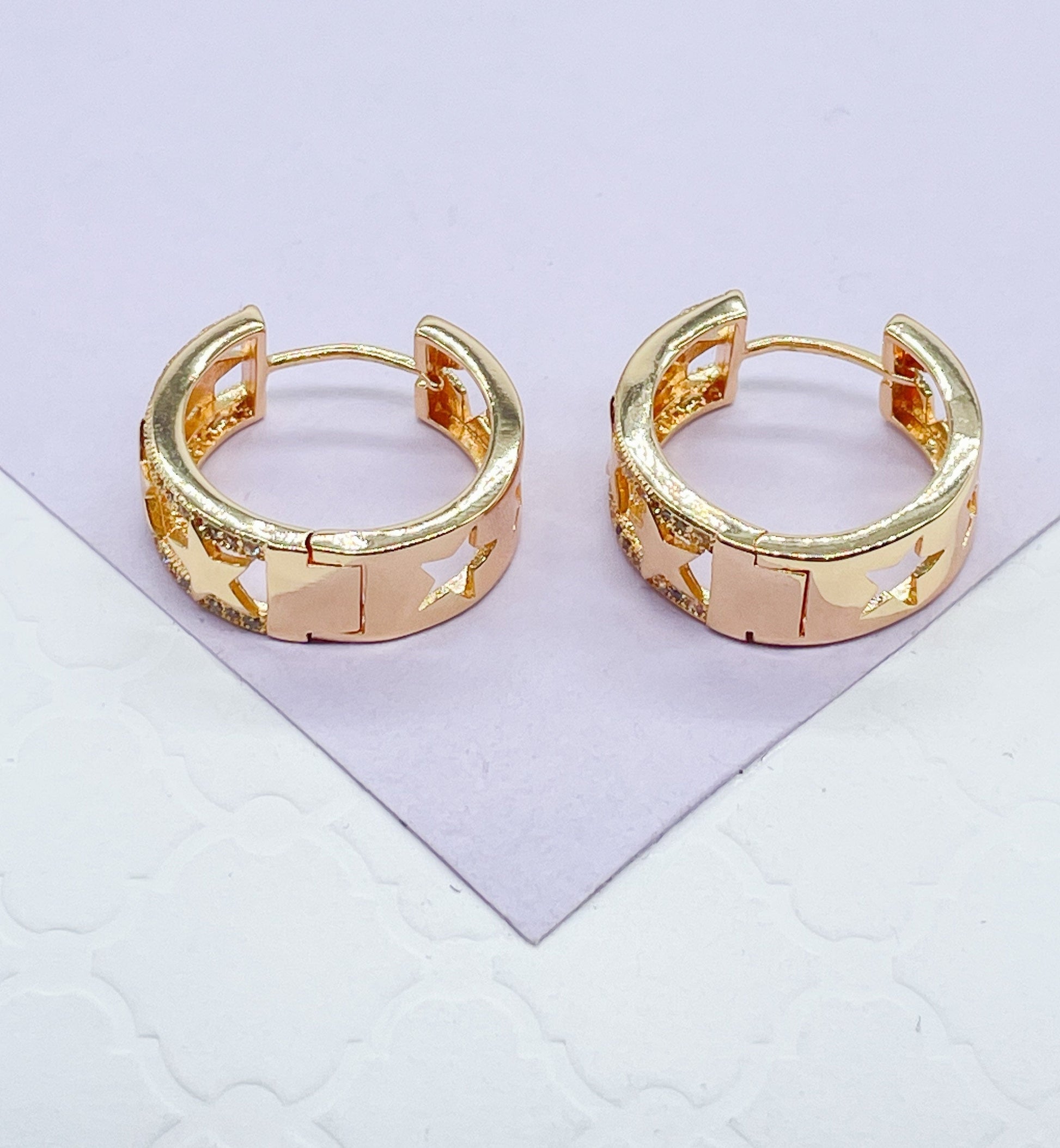 18k Gold Filled Plain Star Huggie With Rows of CZ Stones