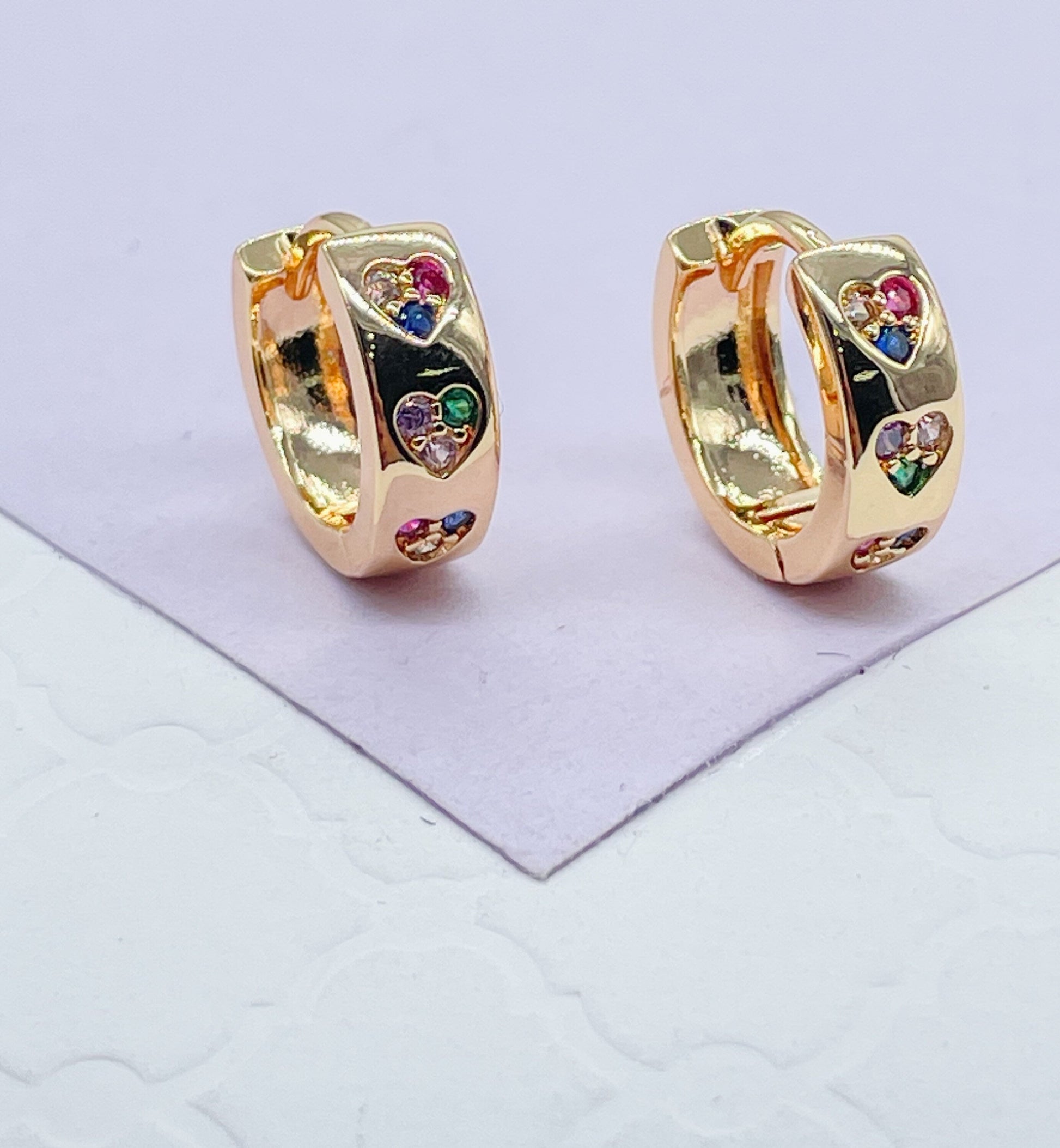 18k Gold Filled Huggie Earring With Colorful Stoned Hearts
