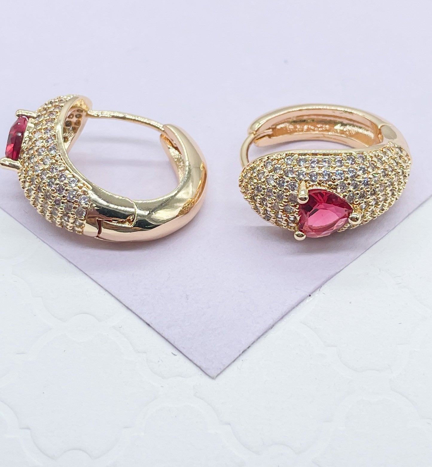 18k Gold Filled Chunky Pave Huggies Earrings With 3 Different Colorful Stone in Center