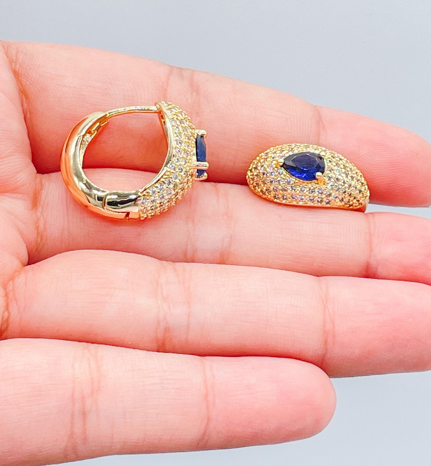 18k Gold Filled Chunky Pave Huggies Earrings With 3 Different Colorful Stone in Center