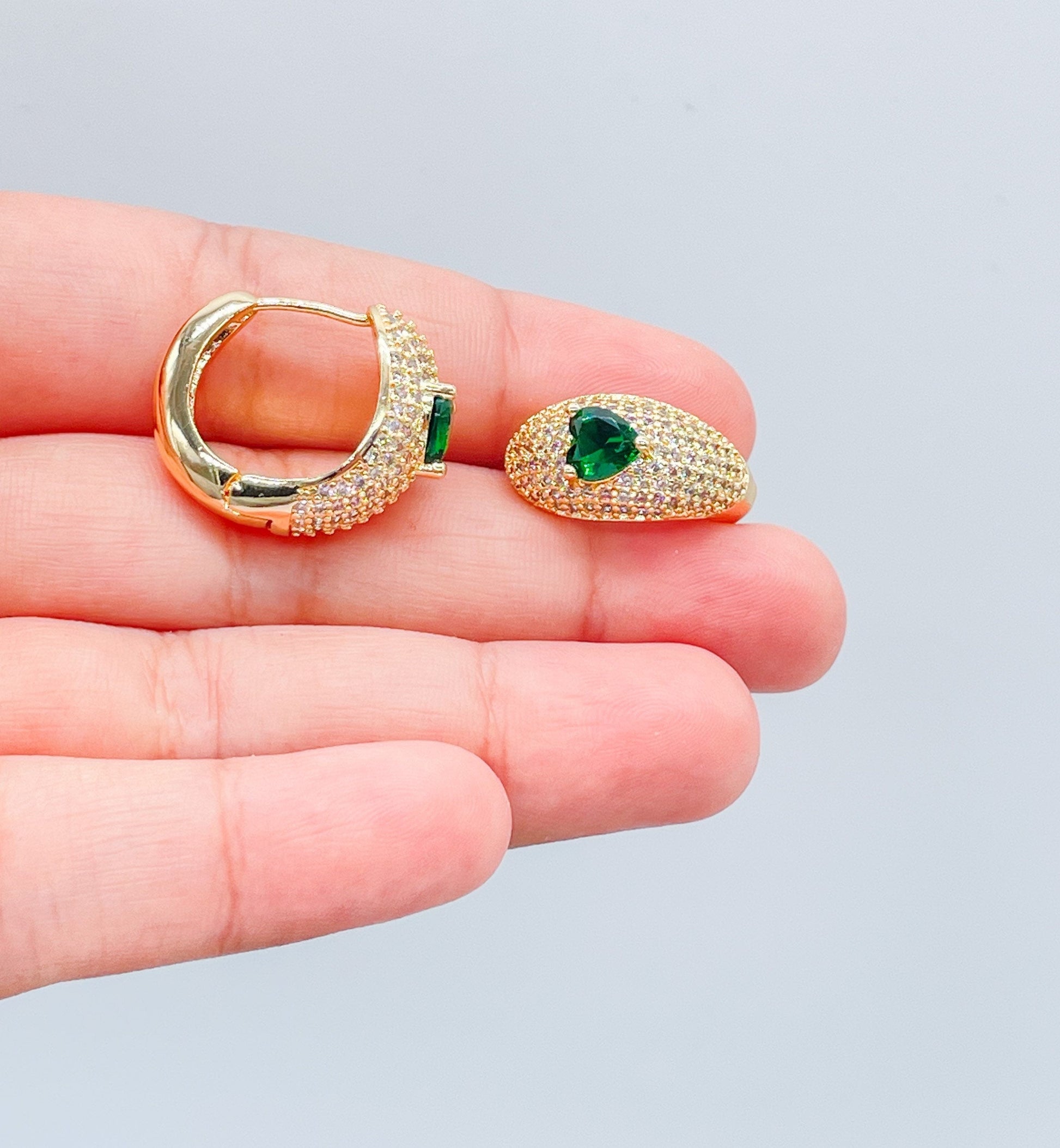 18k Gold Filled Chunky Pave Huggies Earrings With 3 Different Colorful Stone in Center