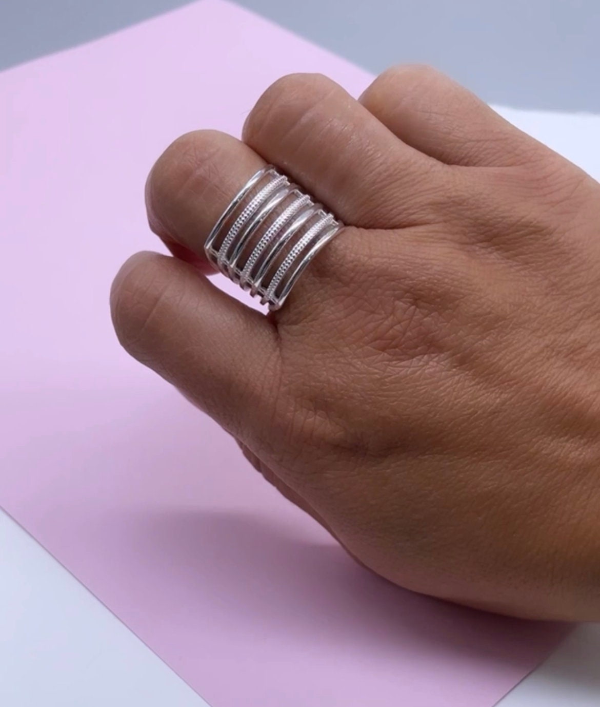 9.25 Sterling Silver textured and smooth Multi Rowed Ring