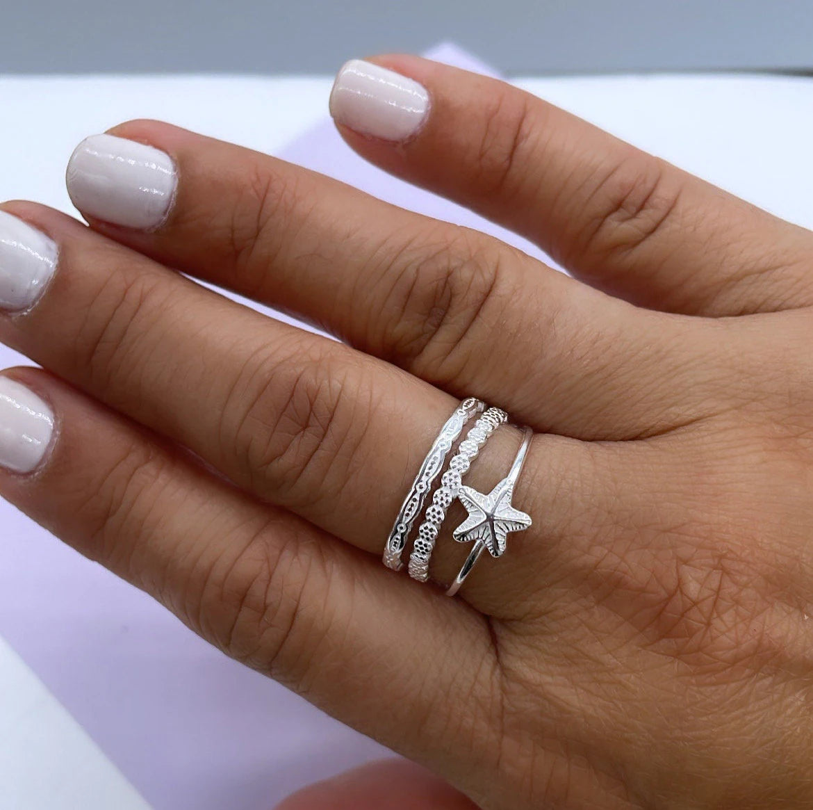 925 Sterling Silver Beach Themed 3 Rows With Star Fish Ring