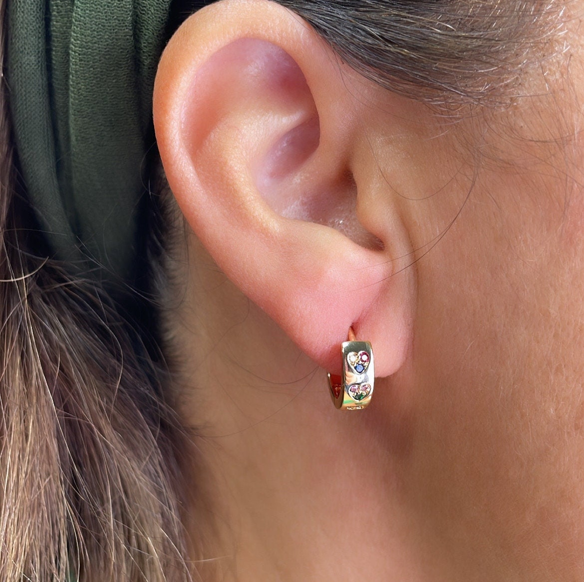 18k Gold Filled Huggie Earring With Colorful Stoned Hearts