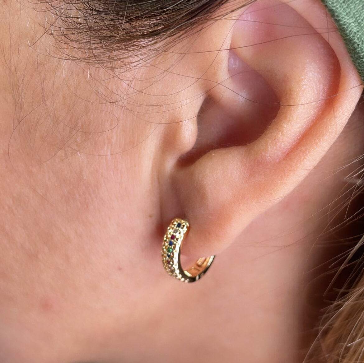 18k Gold Filled Colorful Single Row Pave Huggie Hoop Earrings