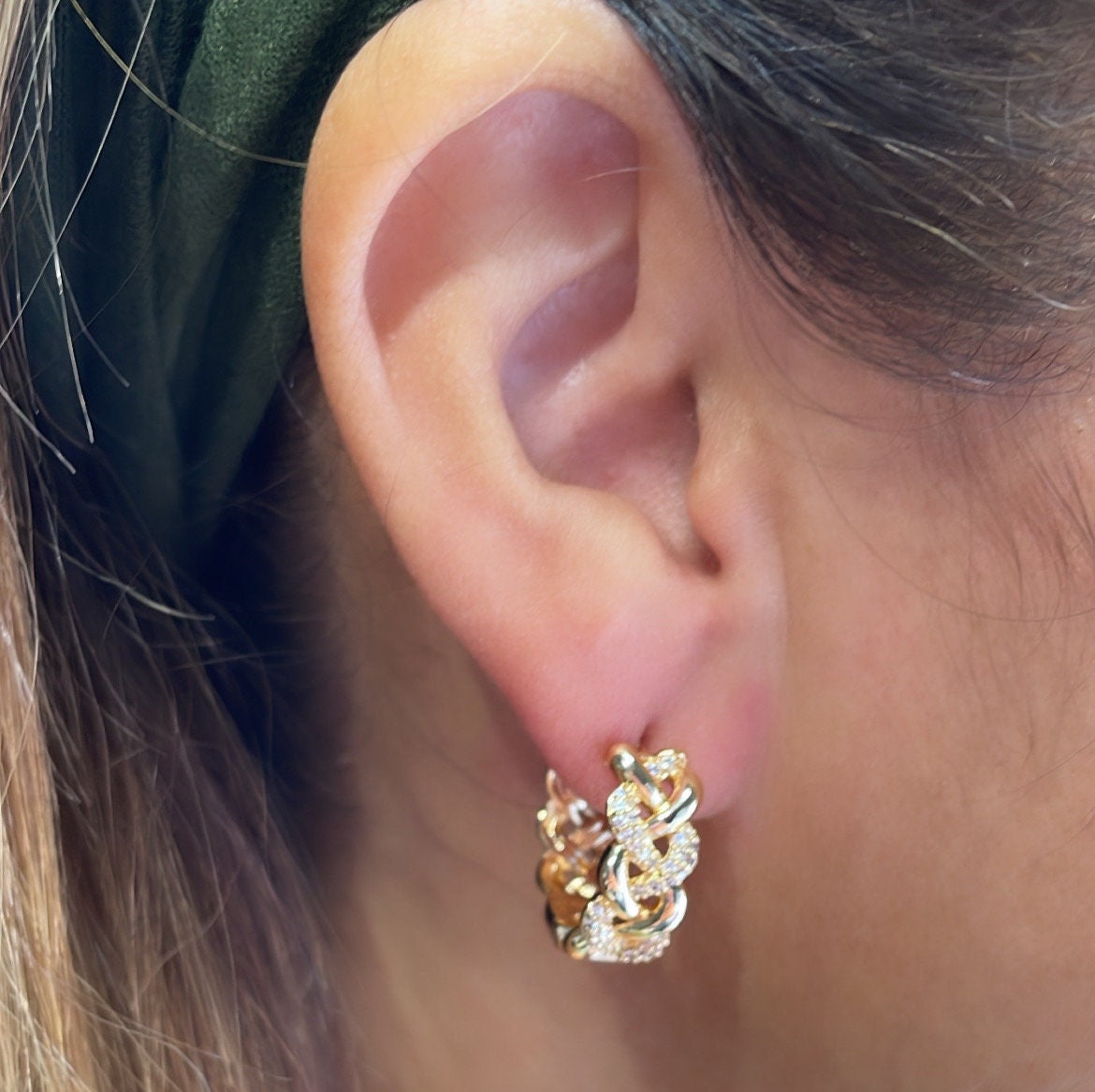 18k Gold Filled Pave Beaded Huggie Earrings