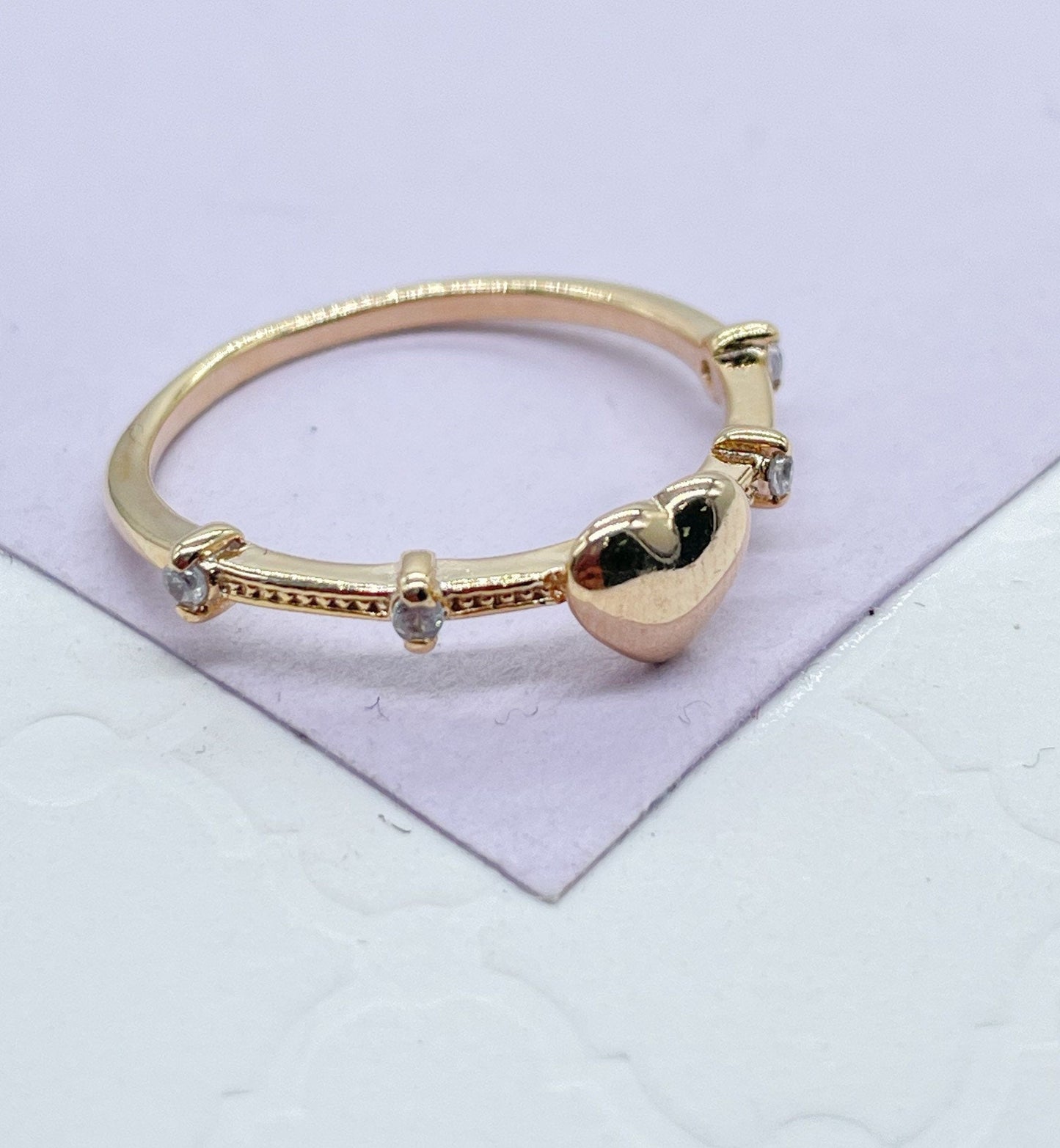 18k Gold Filled Plain Heart Ring With CZ Stones on Ring Band