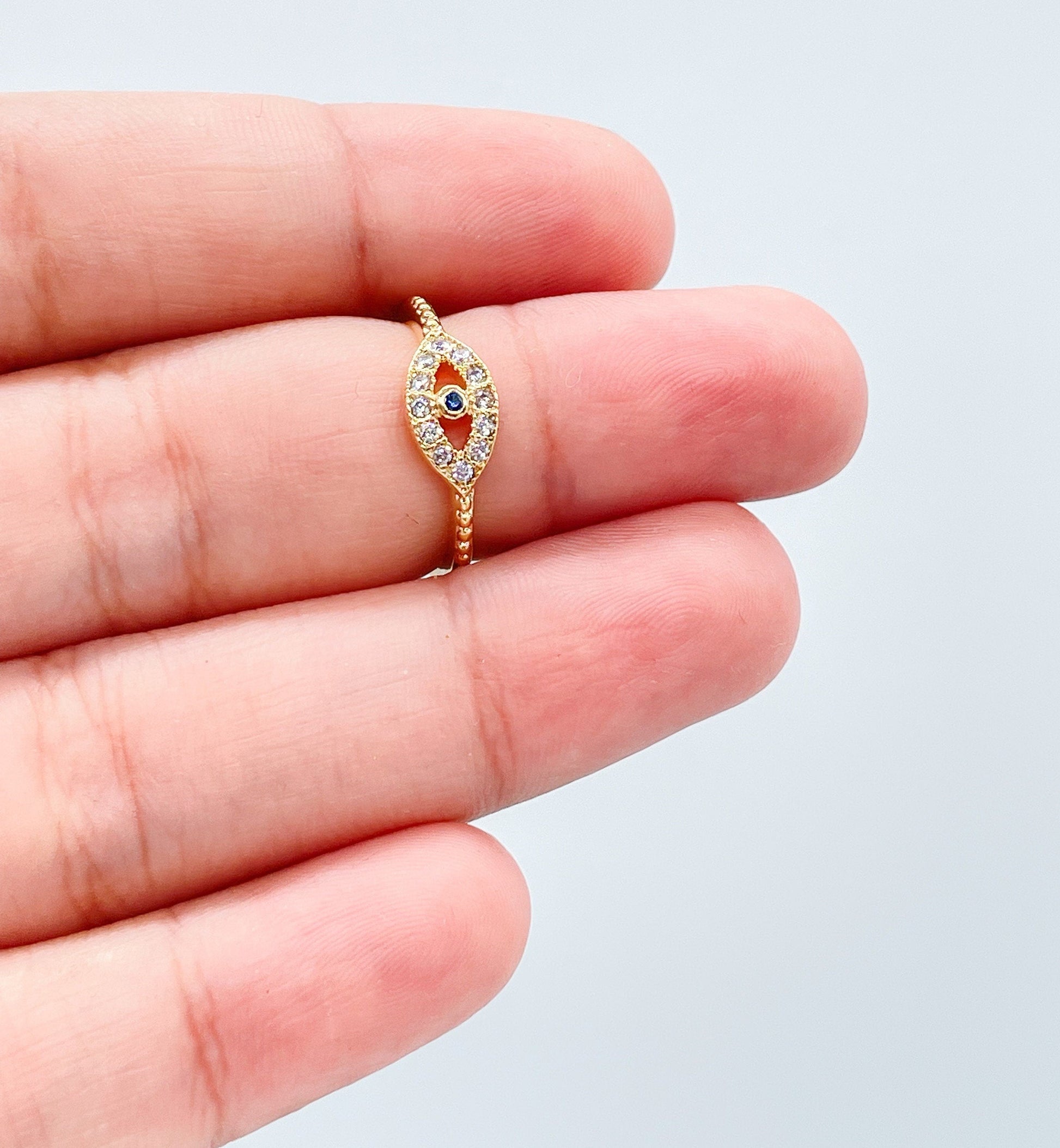 18k Gold Filled Pave Evil Eye Ring With Blue Stone Center