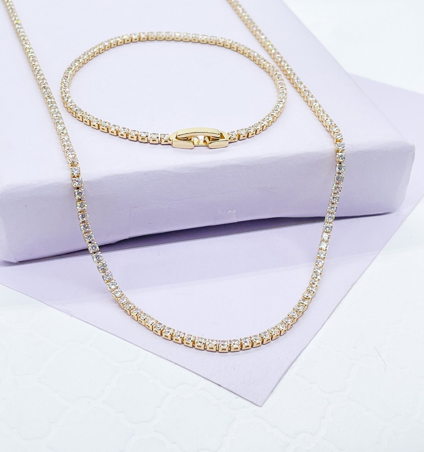 18k Gold Filled Dainty Thin Tennis Chain & Bracelet Set