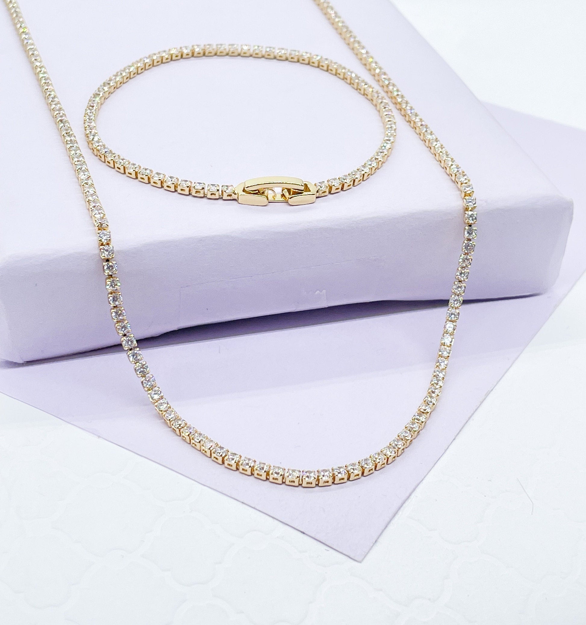 18k Gold Filled Dainty Thin Tennis Chain & Bracelet Set