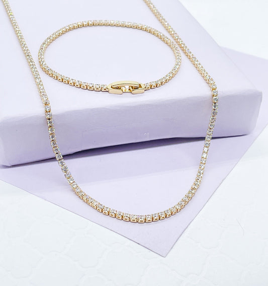 18k Gold Filled Dainty Thin Tennis Chain & Bracelet Set