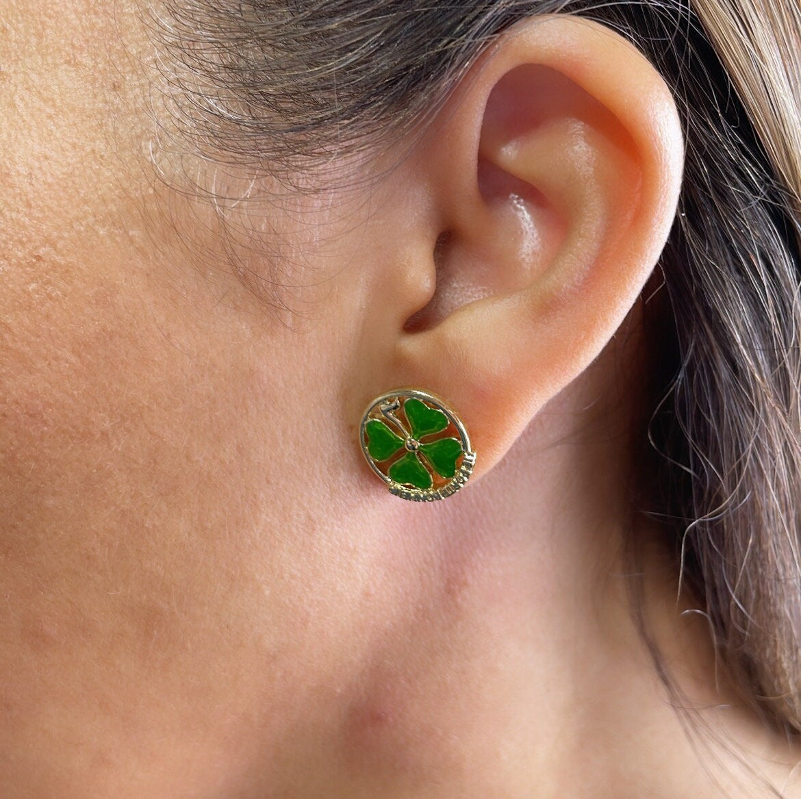 18k Gold Filled Green 4-Leaf Clover Stud Earring