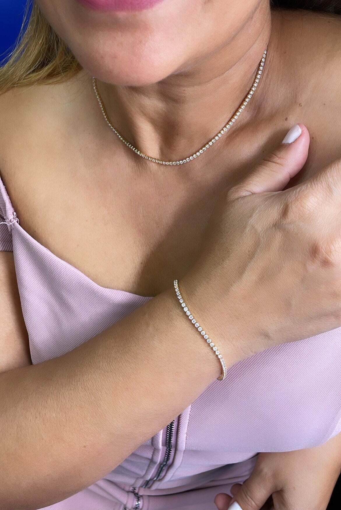 18k Gold Filled Dainty Thin Tennis Chain & Bracelet Set