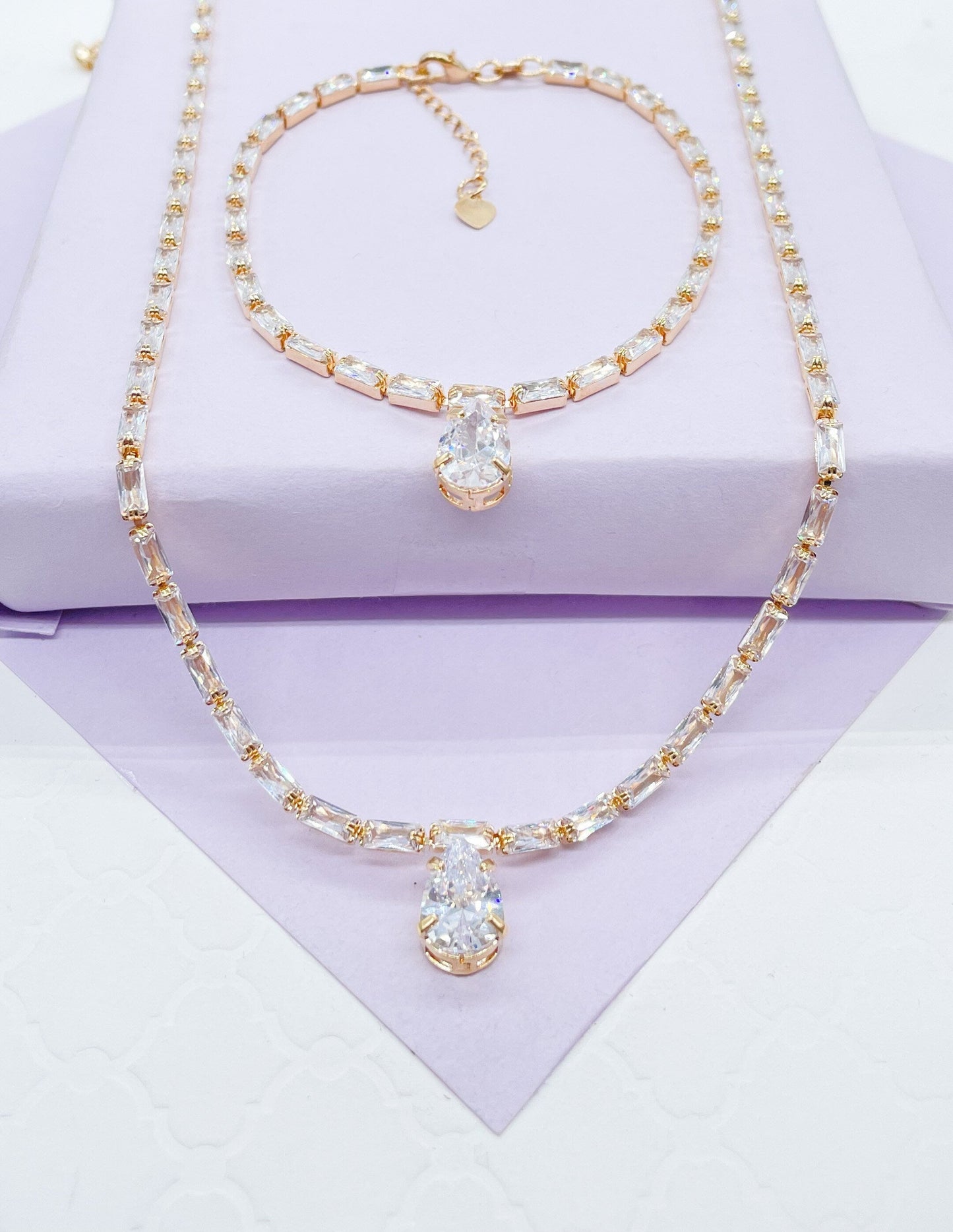 18k Gold Filled Baguette &Pear Shaped CZ Stone Set