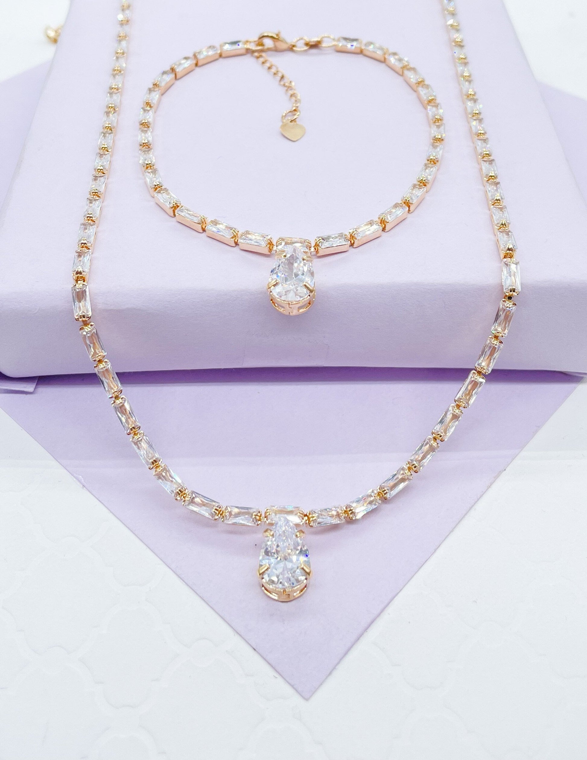18k Gold Filled Baguette &Pear Shaped CZ Stone Set
