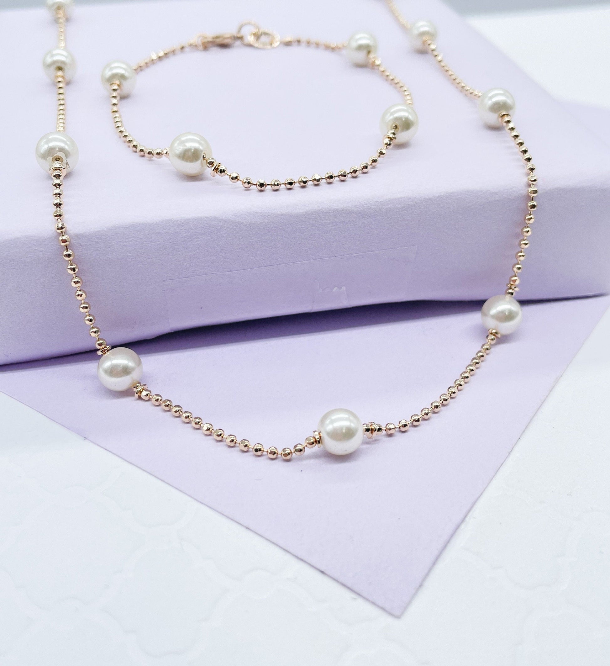 18k Gold Filled Pearl Set with Shinny Ball Chain Available in Necklace or Bracelet , Gift Her