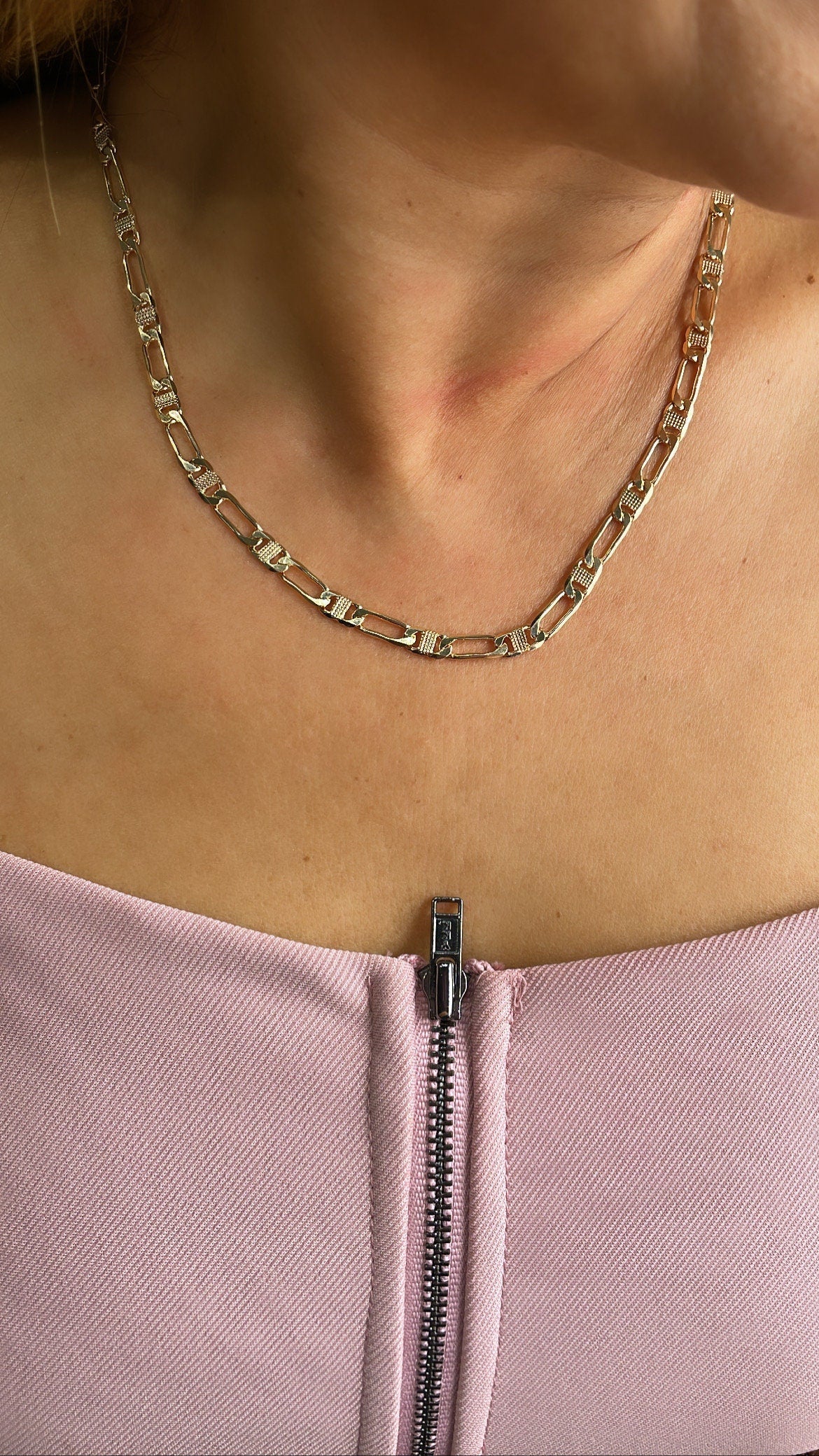 18k Gold Filled Figaro Mariner Fusion Chain with Stamped Pattern