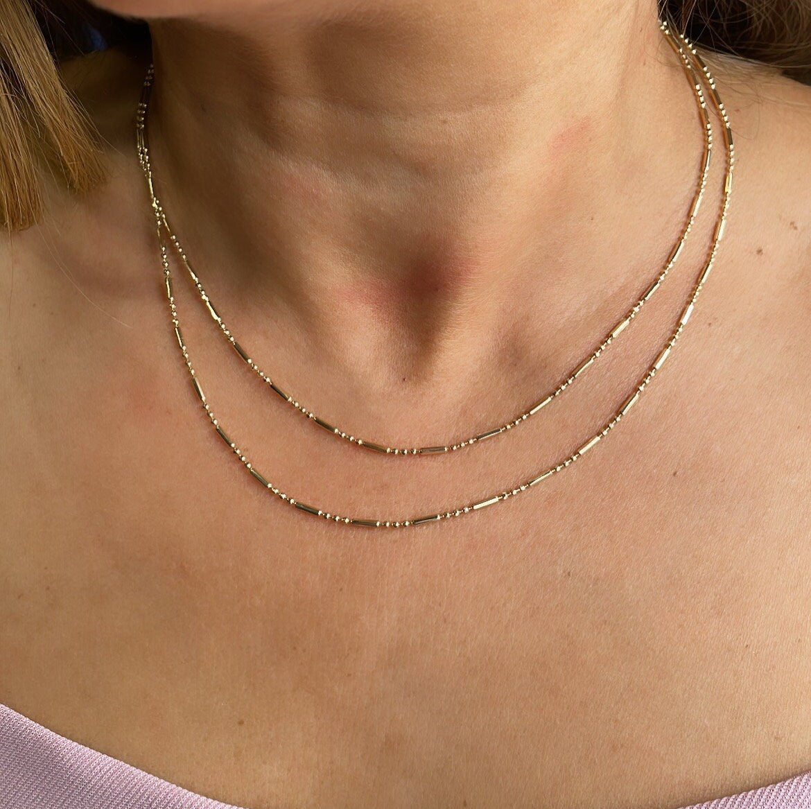 18k Gold Filled Dainty 3-Bead patterned Dash Dot Chain