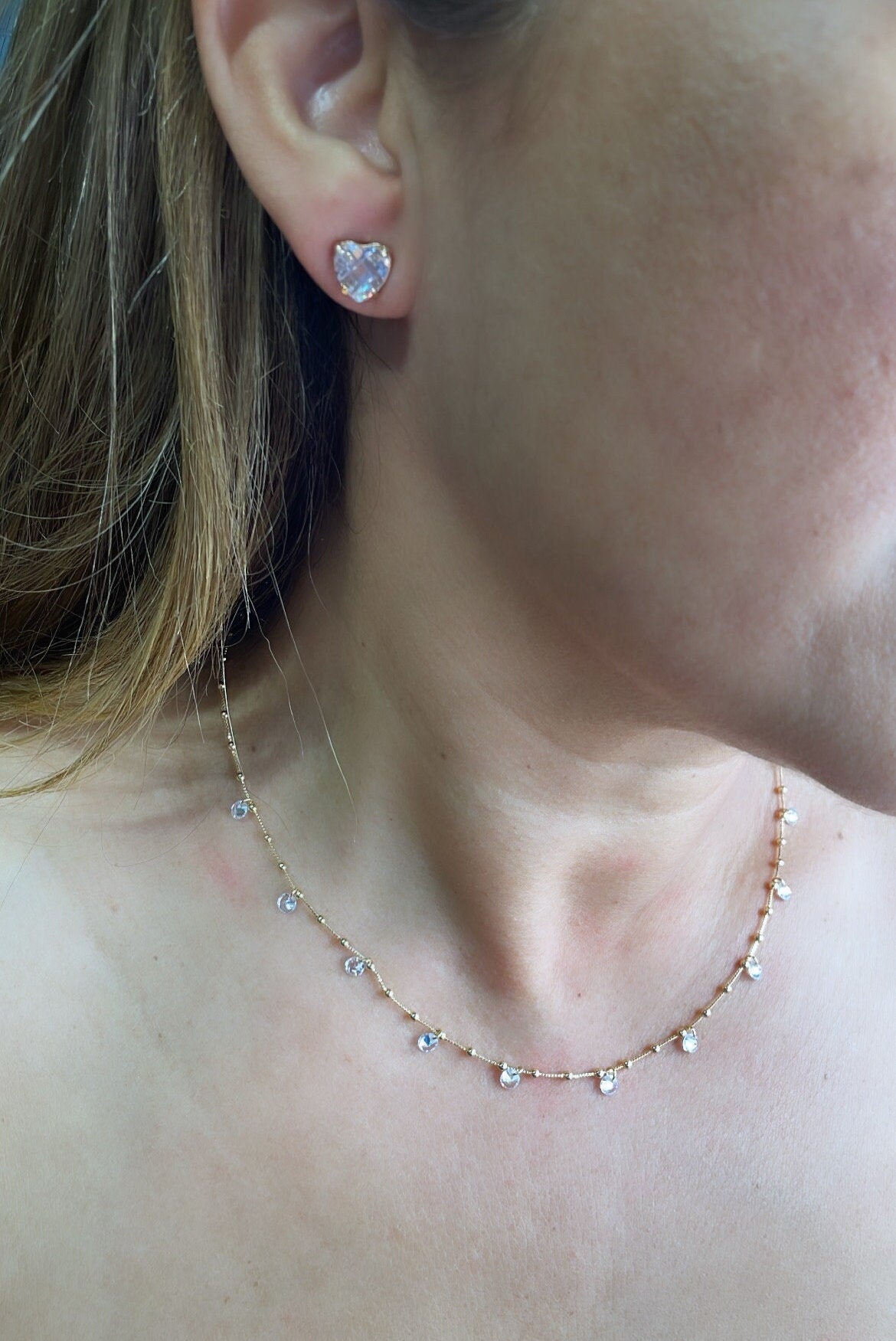 18k Gold Filled Sophisticated Satellite Choker With Dangling CZ Stones