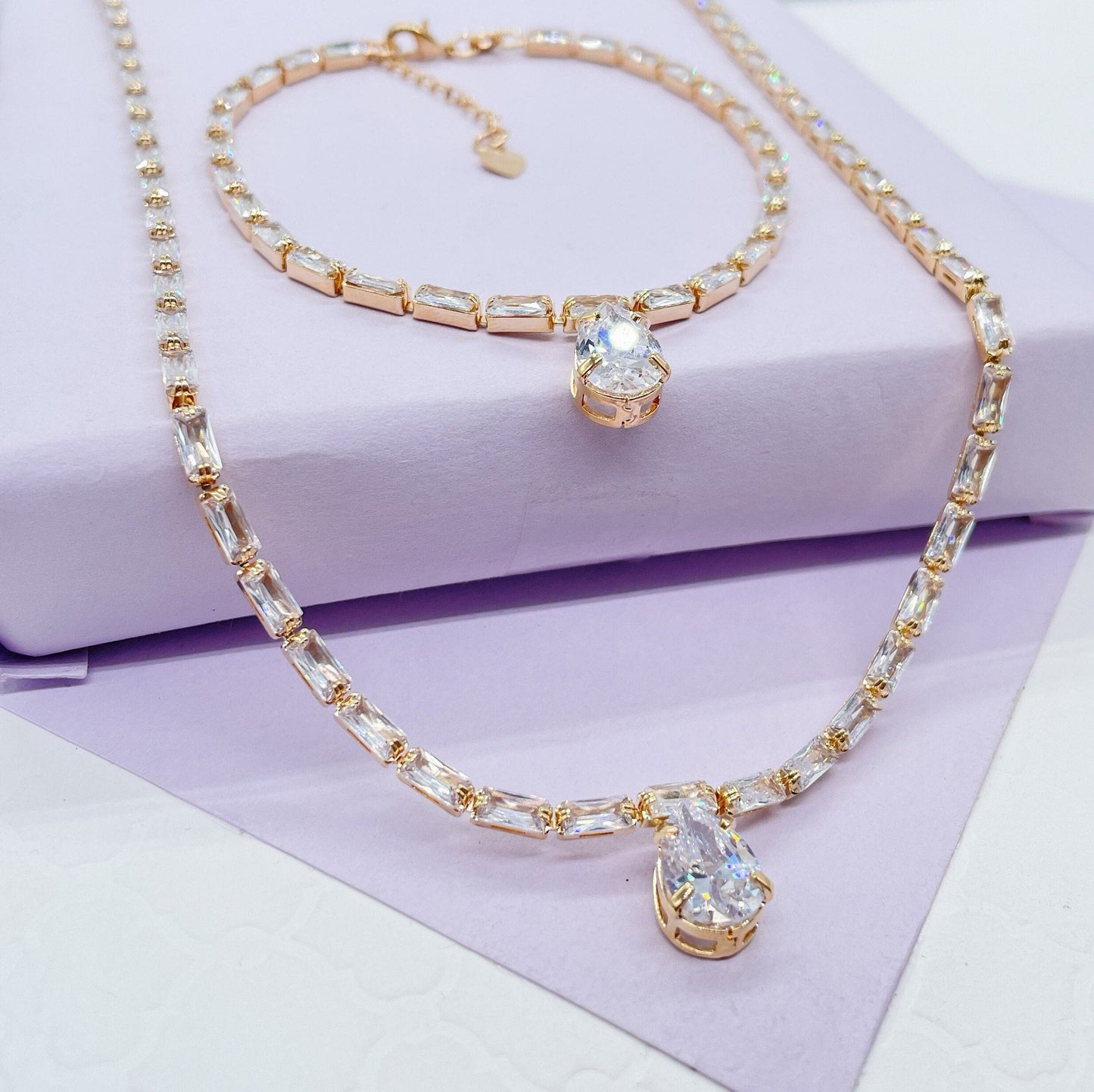 18k Gold Filled Baguette &Pear Shaped CZ Stone Set